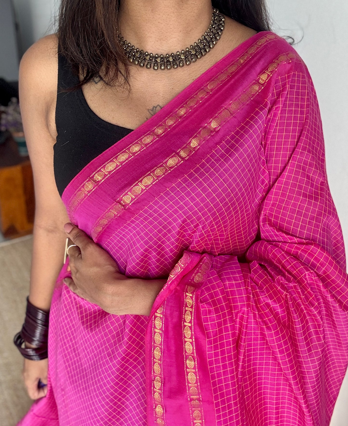 Hot pink - Arani Checks in cotton silk