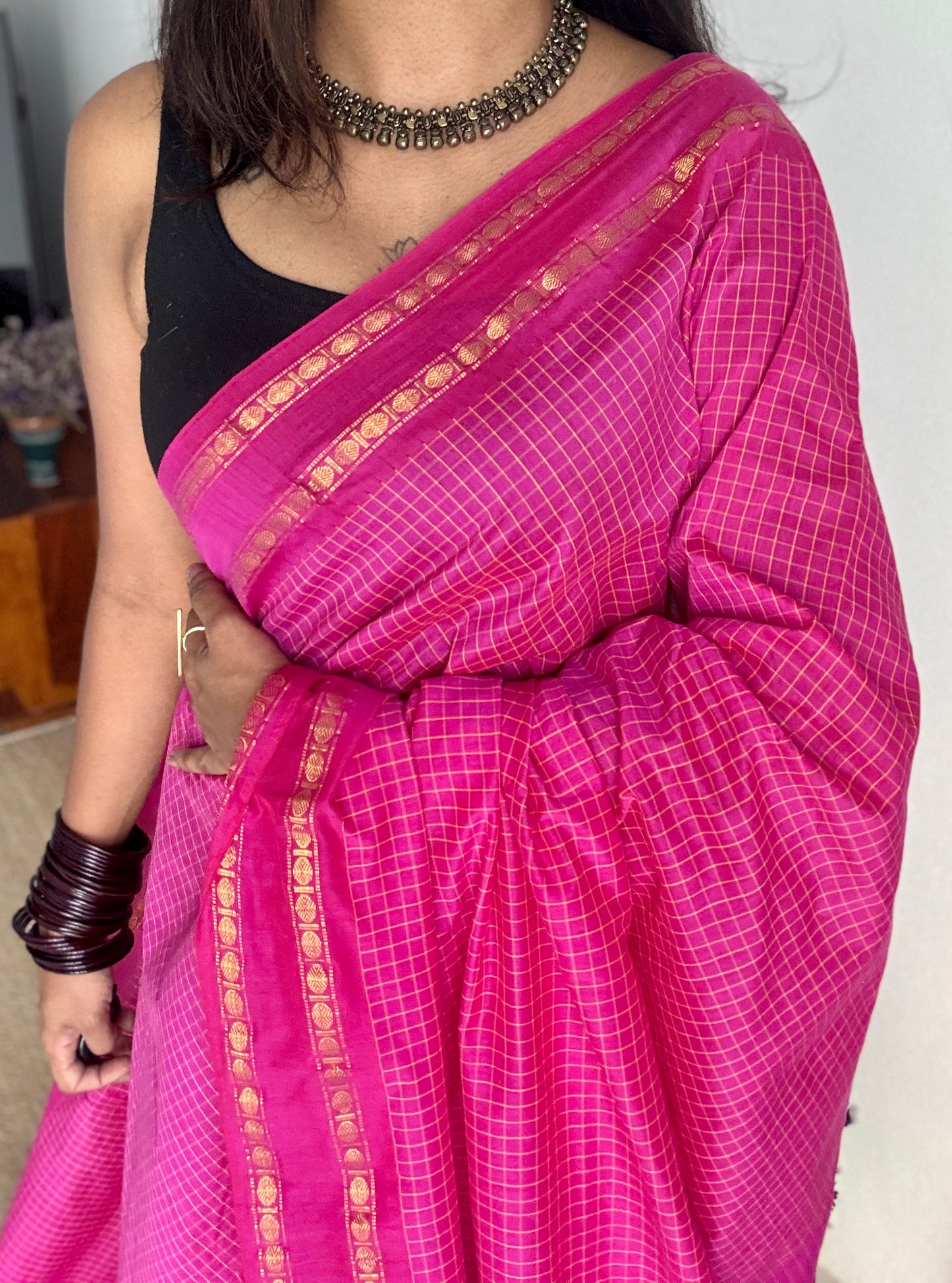 Hot pink - Arani Checks in cotton silk
