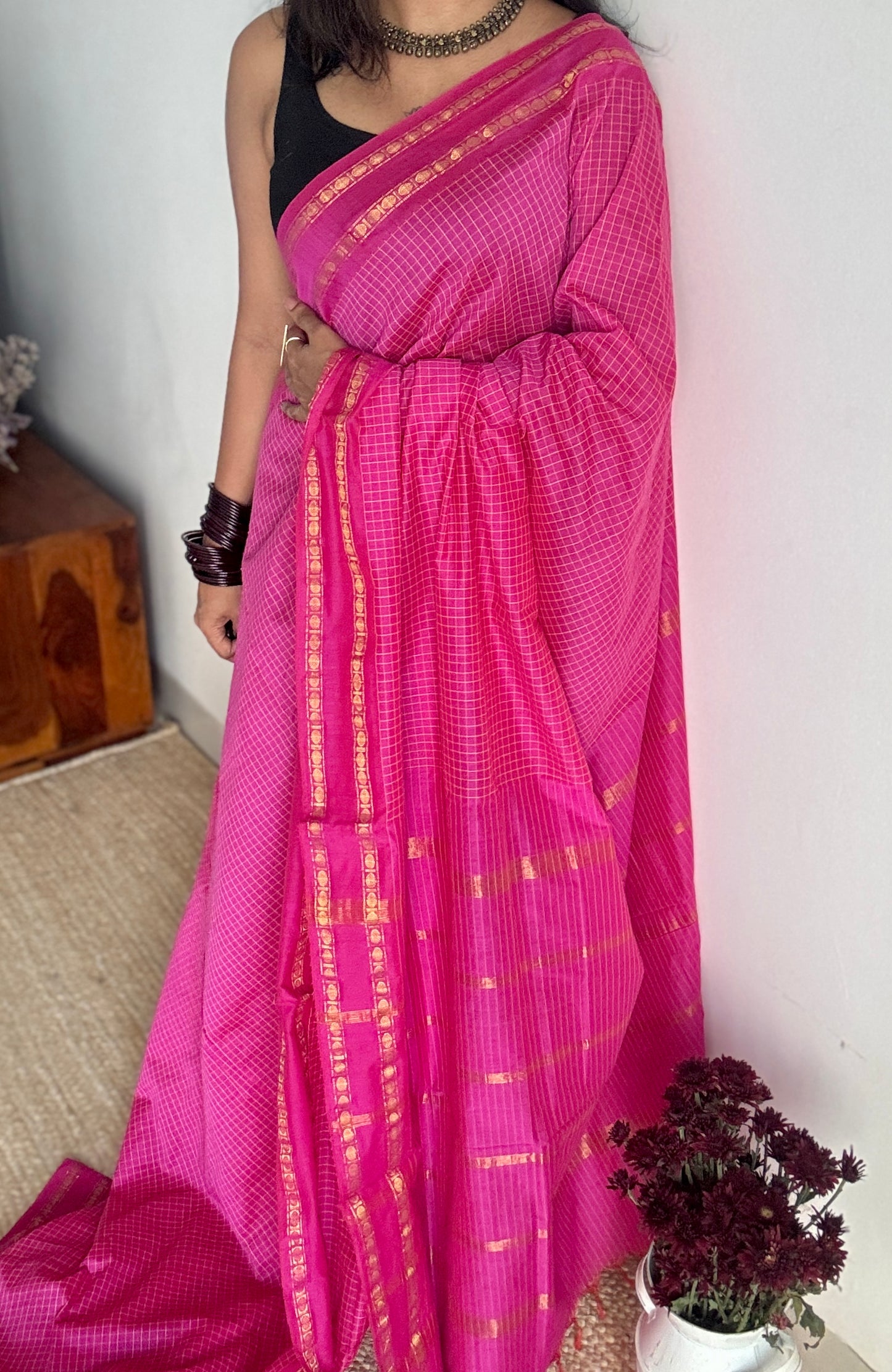 Hot pink - Arani Checks in cotton silk