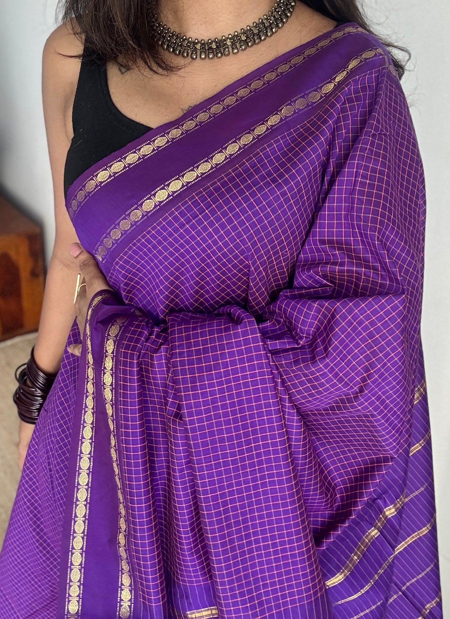 Purple violet, arani checks, cotton silk - YCCOTNJUAR10