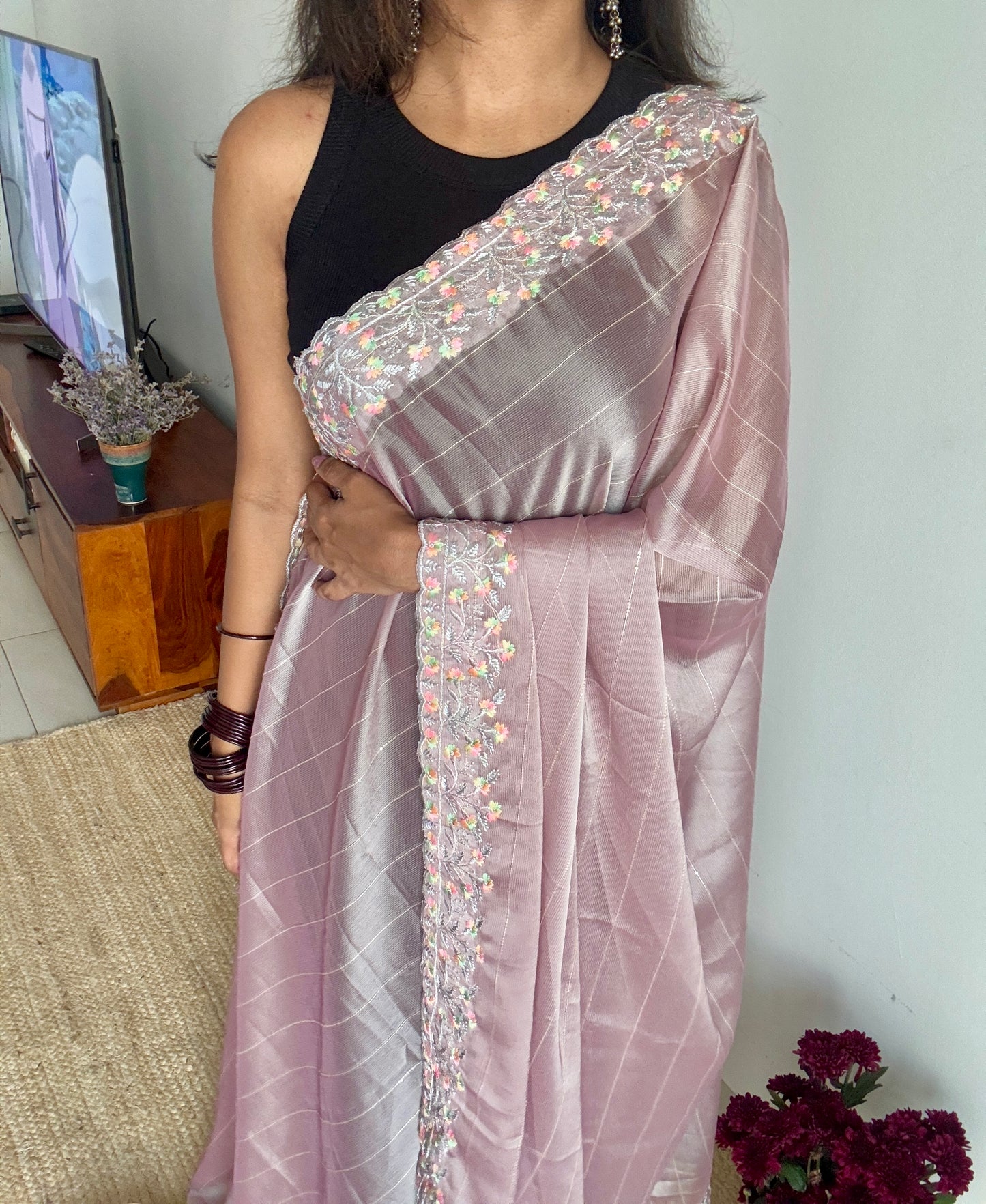 Pastel Cinnamon Pink with Sequins Work - Chiffon