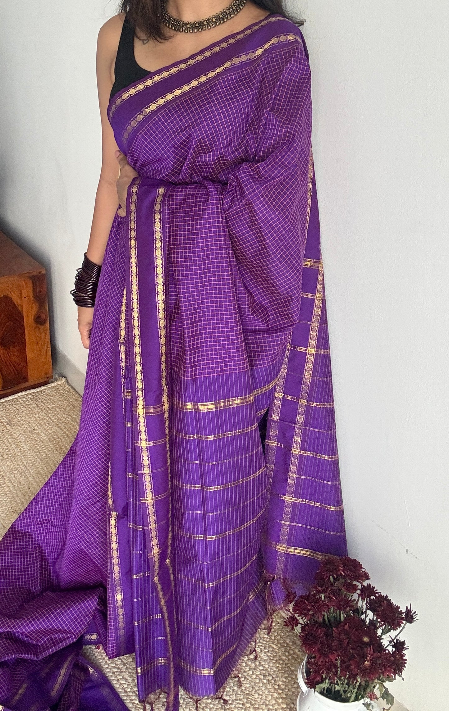 Purple violet, arani checks, cotton silk - YCCOTNJUAR10