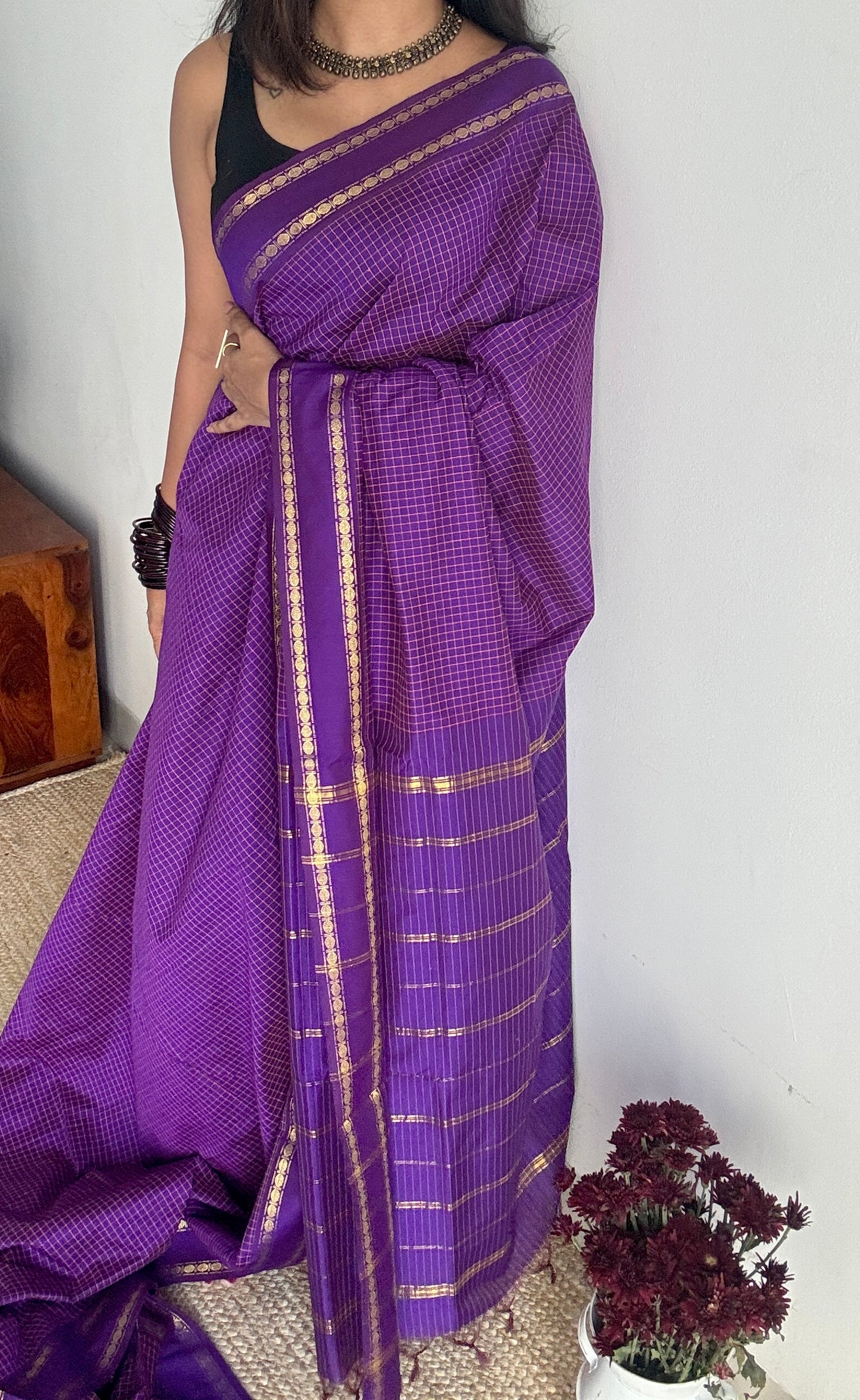 Purple violet, arani checks, cotton silk - YCCOTNJUAR10