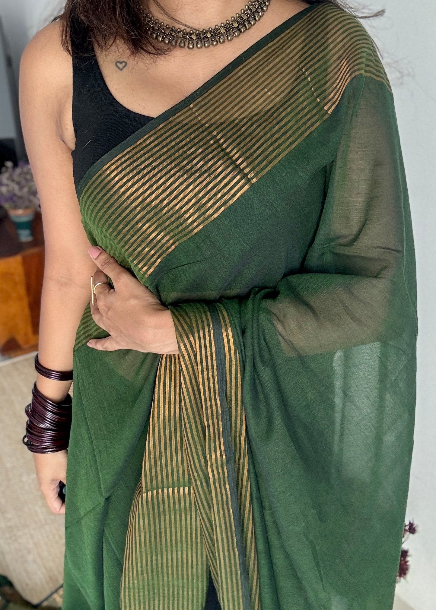 Forest Gold - Dark green & antique gold stripes, mul cotton - YCBCWSM06