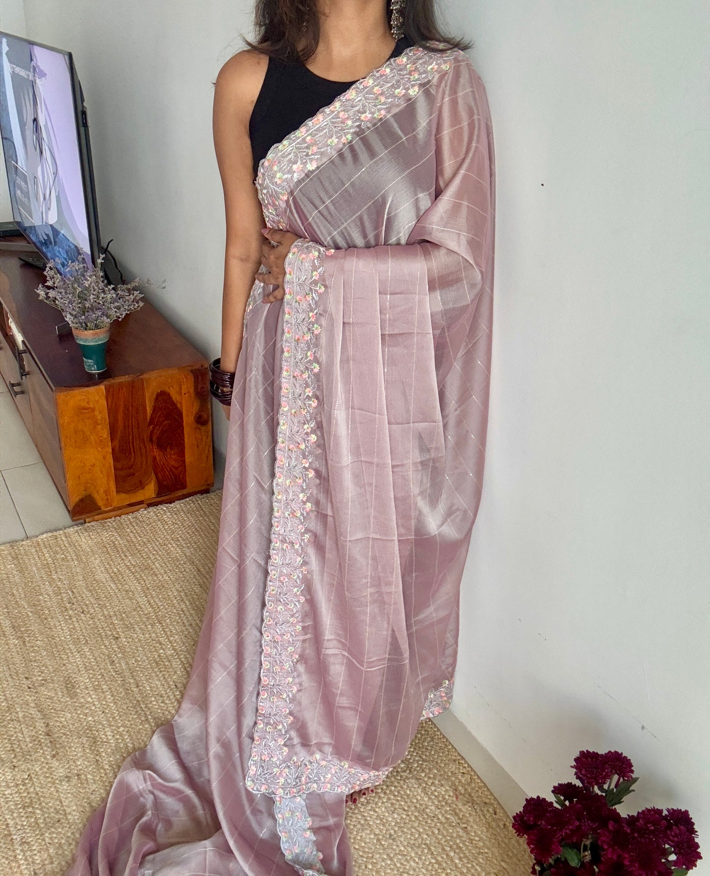 Pastel Cinnamon Pink with Sequins Work - Chiffon