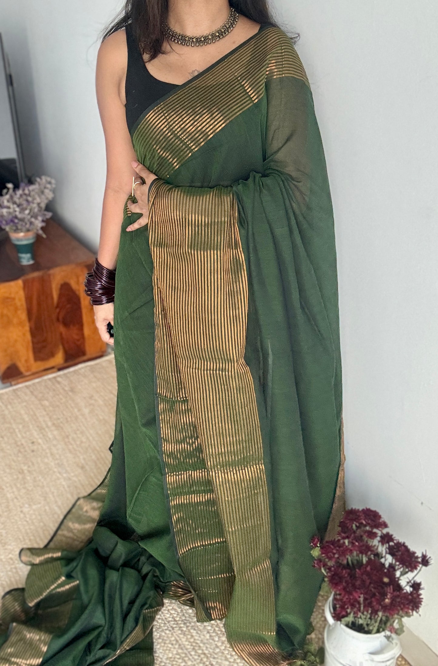 Forest Gold - Dark green & antique gold stripes, mul cotton - YCBCWSM06