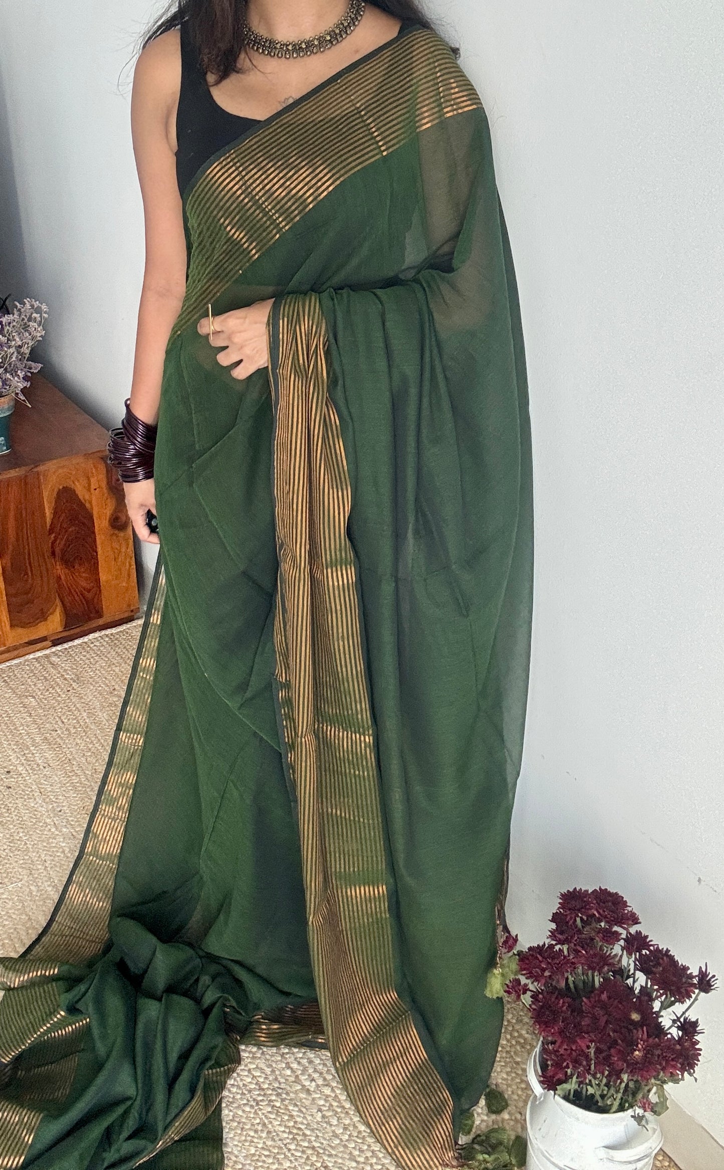 Forest Gold - Dark green & antique gold stripes, mul cotton - YCBCWSM06