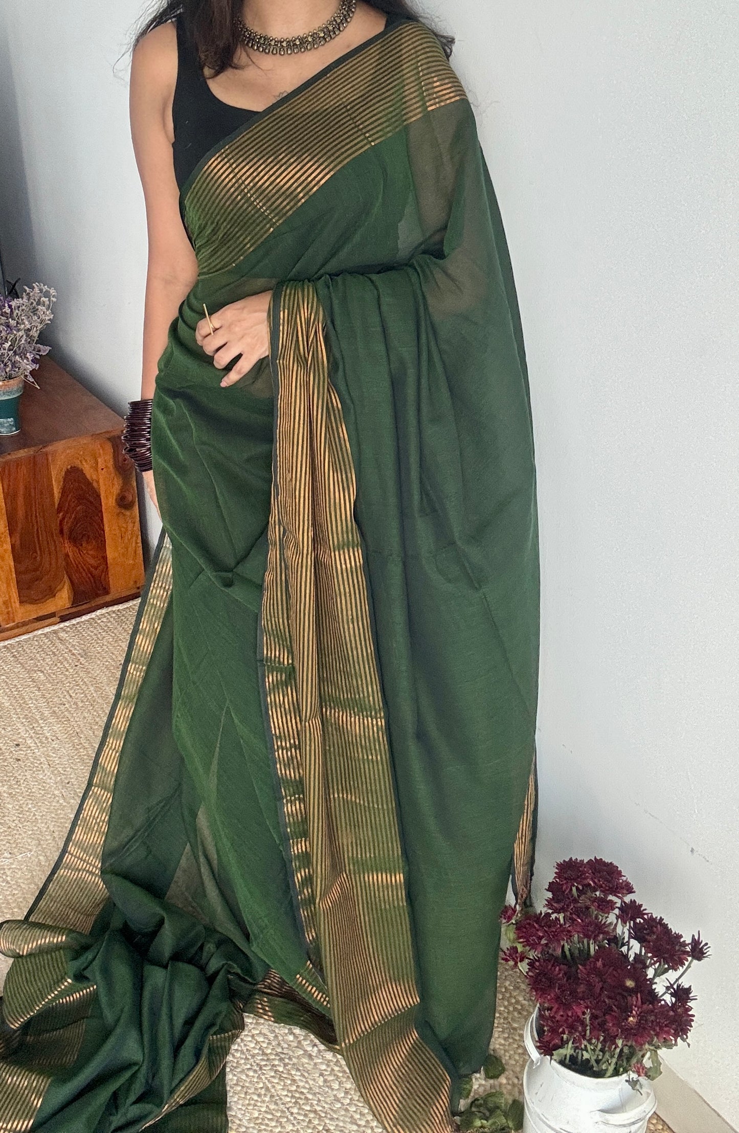 Forest Gold - Dark green & antique gold stripes, mul cotton - YCBCWSM06