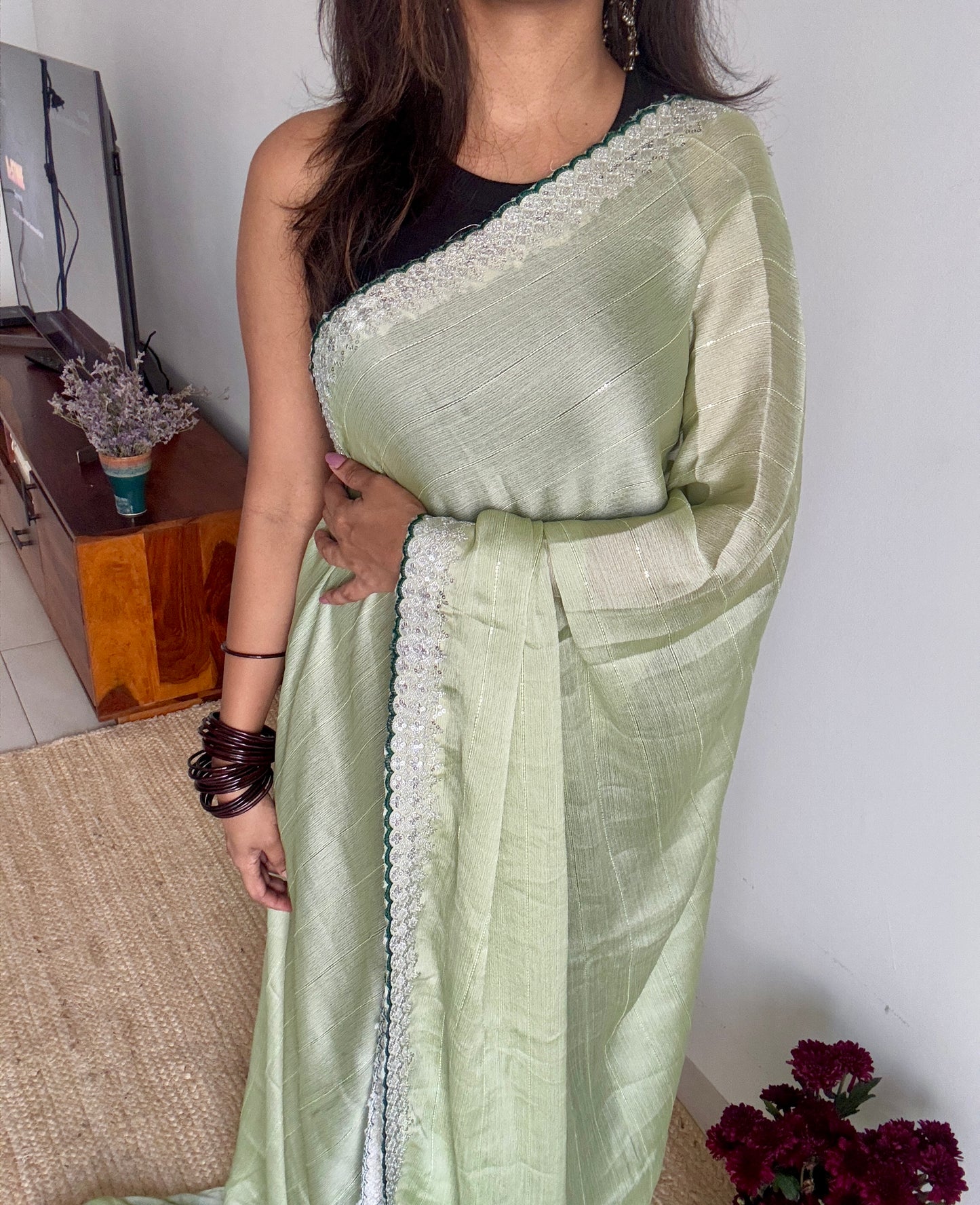 Pastel Green with Sequins Work - Chiffon