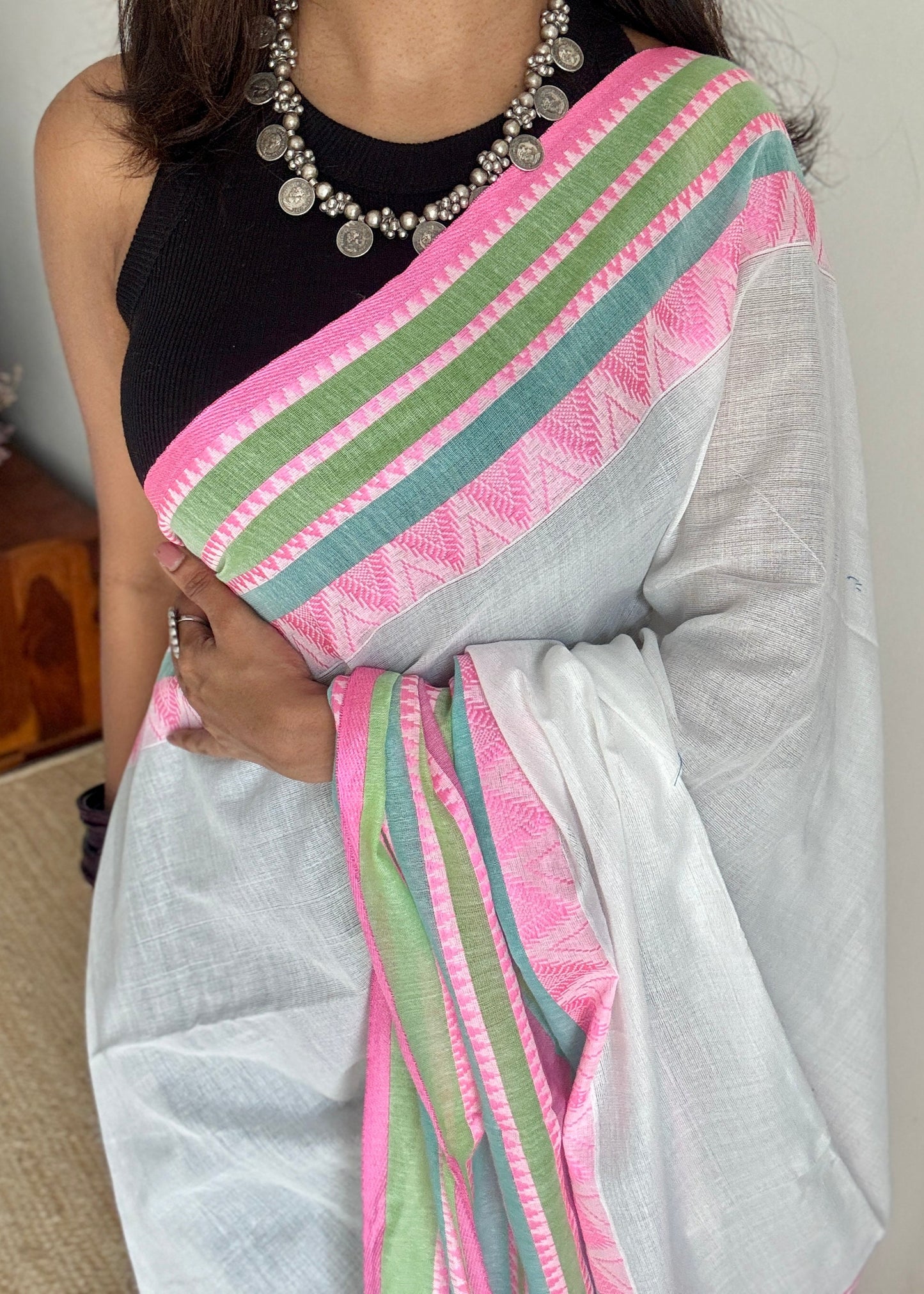 White with pink and green thread work, soft cotton - YCBCBK04