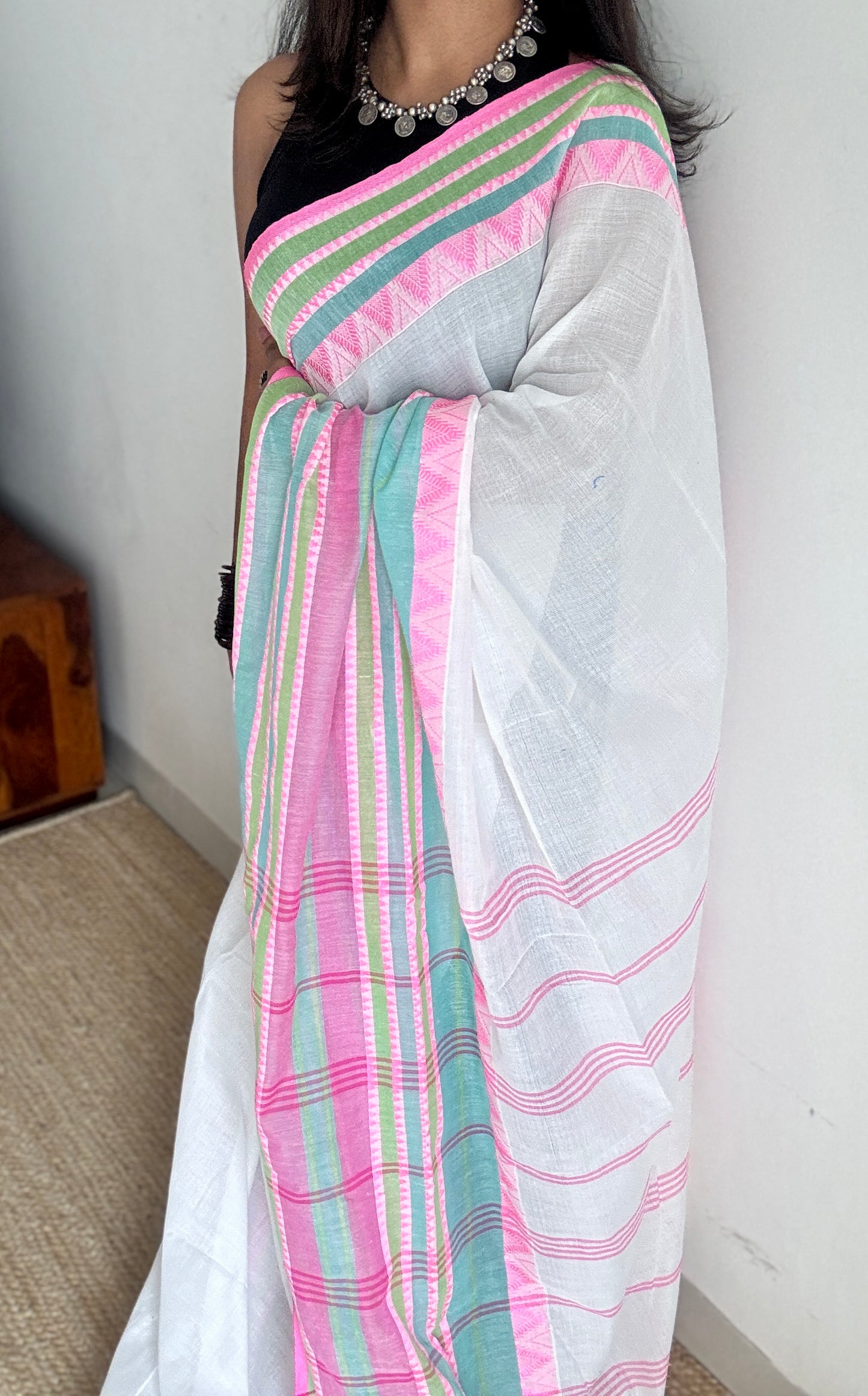 White with pink and green thread work, soft cotton - YCBCBK04