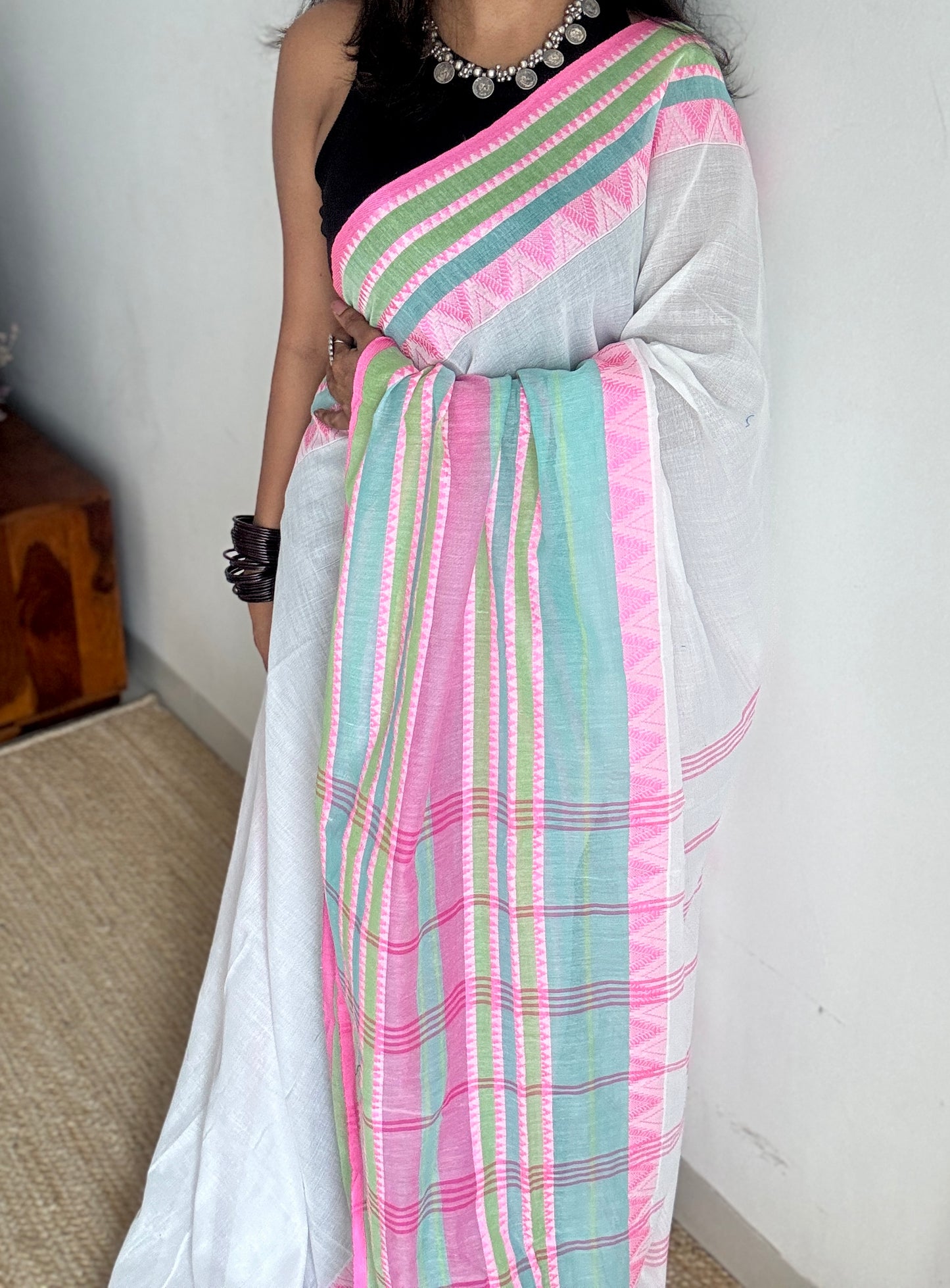 White with pink and green thread work, soft cotton - YCBCBK04