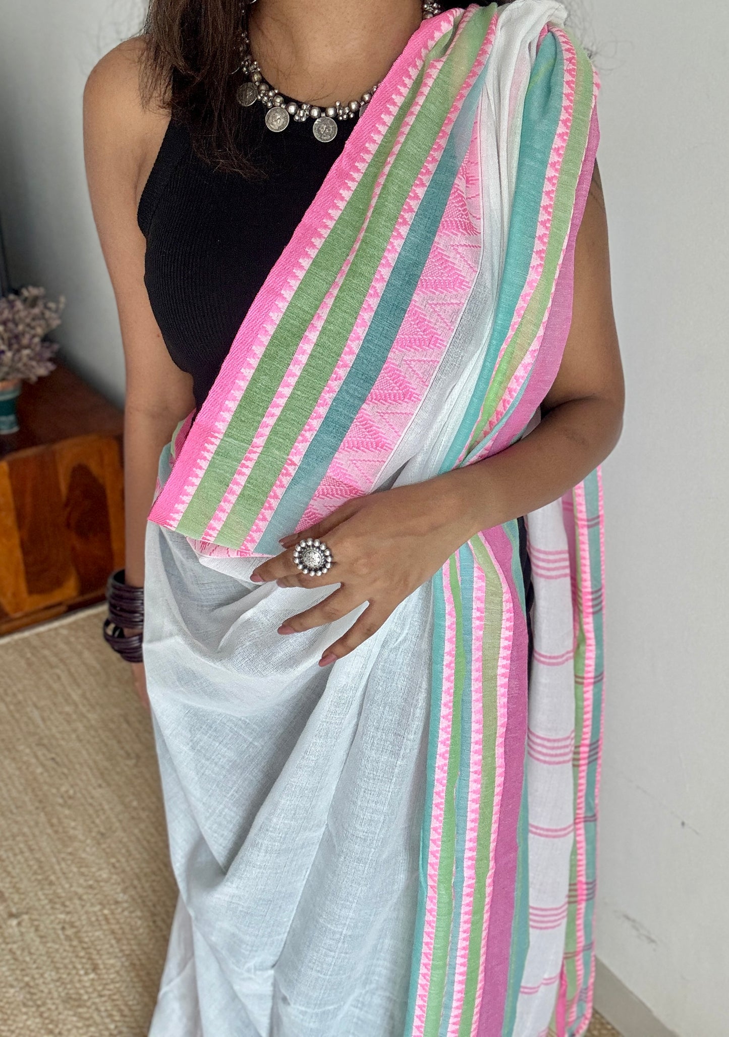 White with pink and green thread work, soft cotton - YCBCBK04