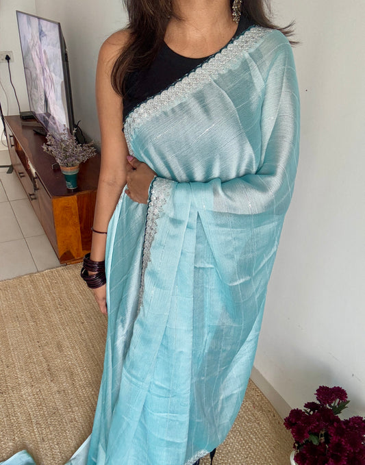 Pastel Blue with Sequins Work - Chiffon