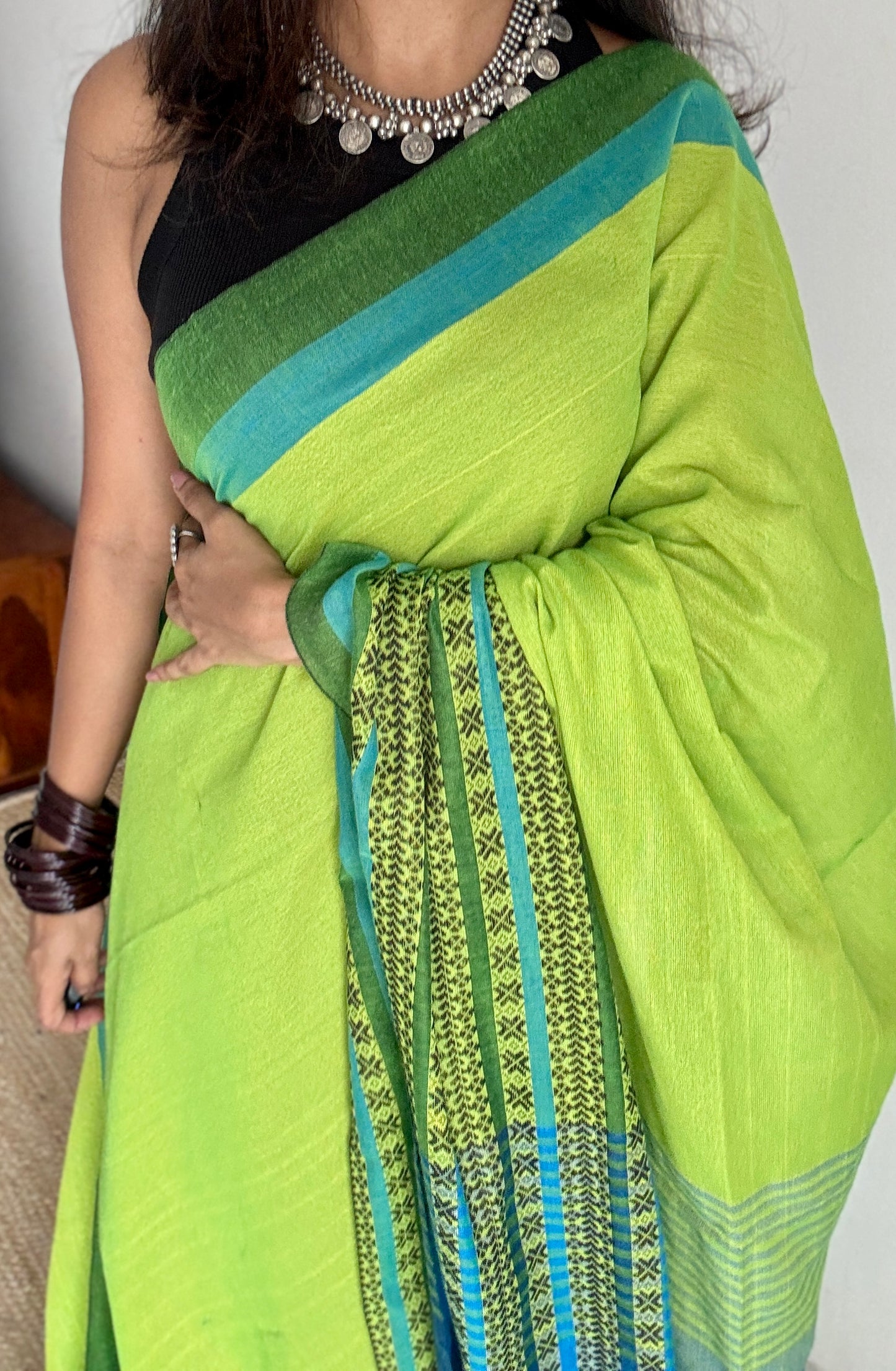 Bright green with aqua blue and black thread work, soft cotton - YCBCBK03