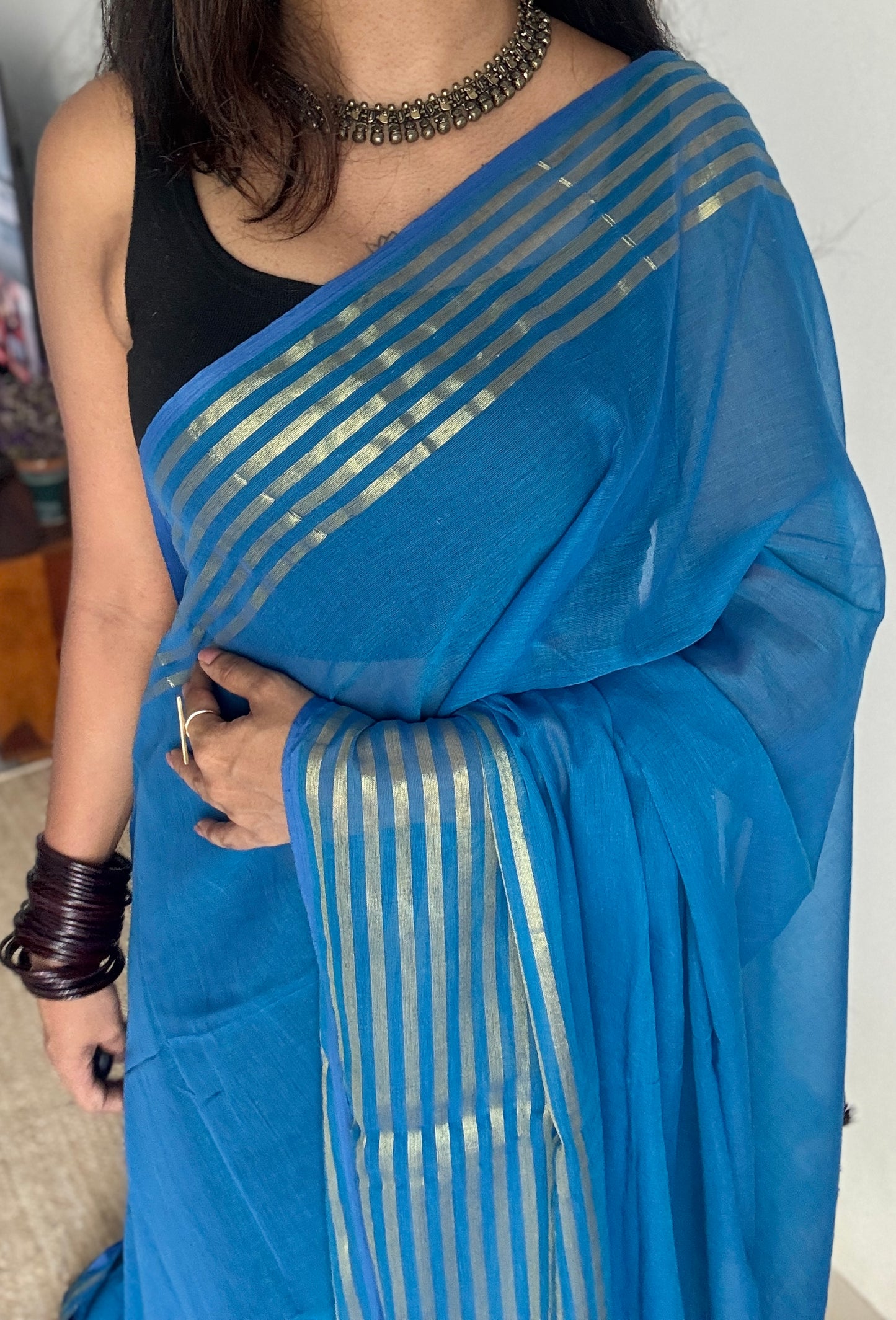 Blue Haze - Blue & gold stripes, mul cotton