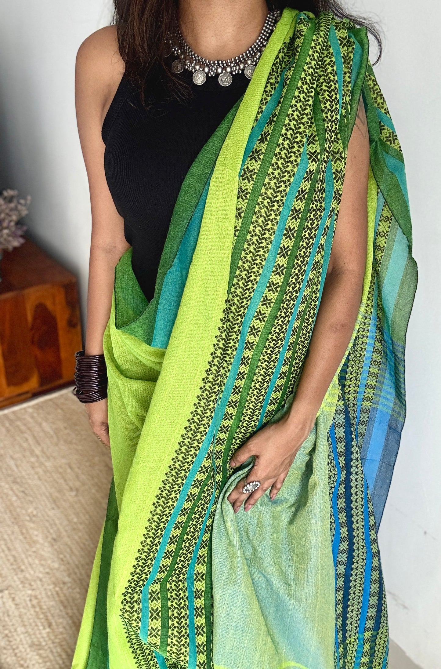 Bright green with aqua blue and black thread work, soft cotton - YCBCBK03