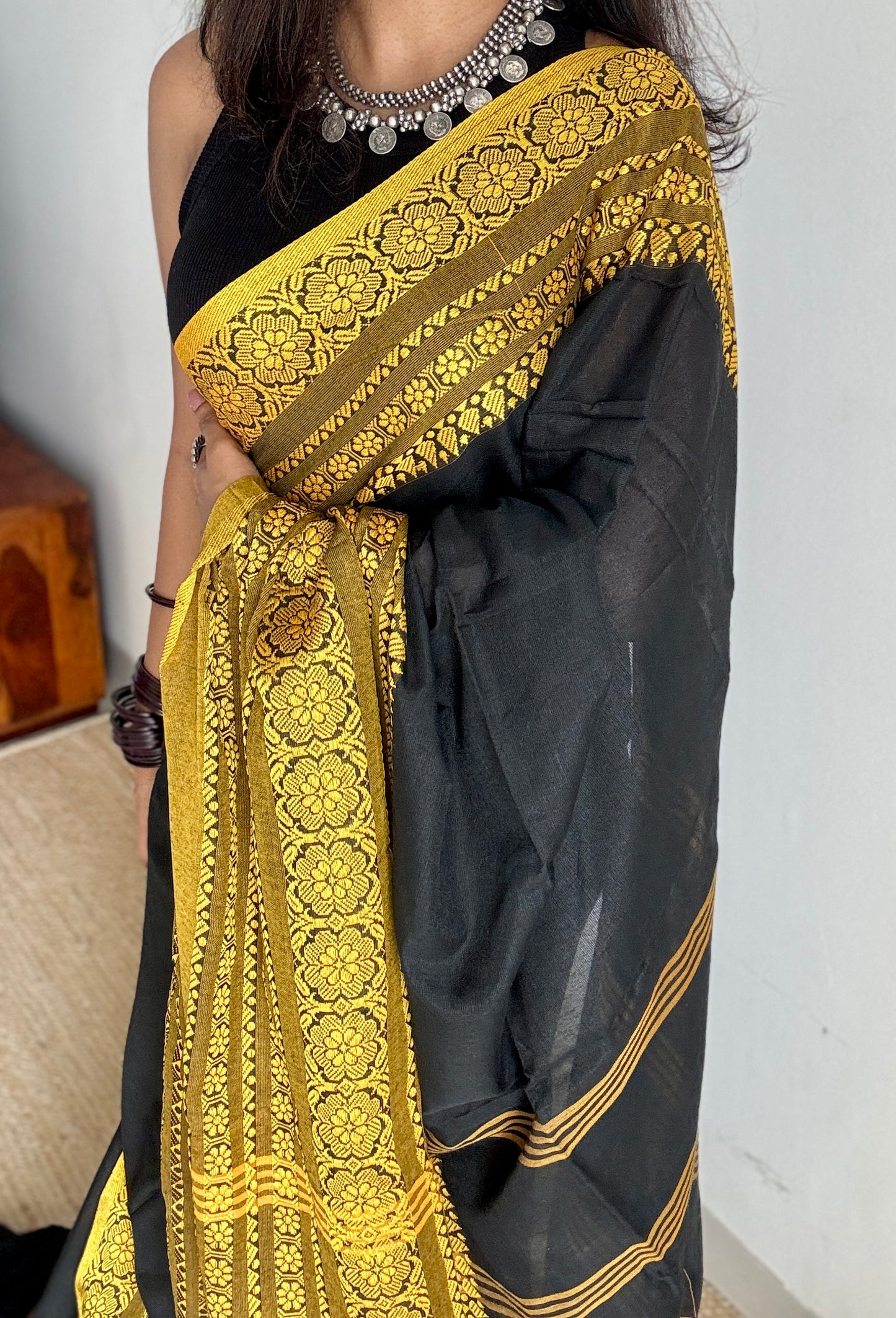 Black with yellow thread work, soft cotton - YCBCBK01