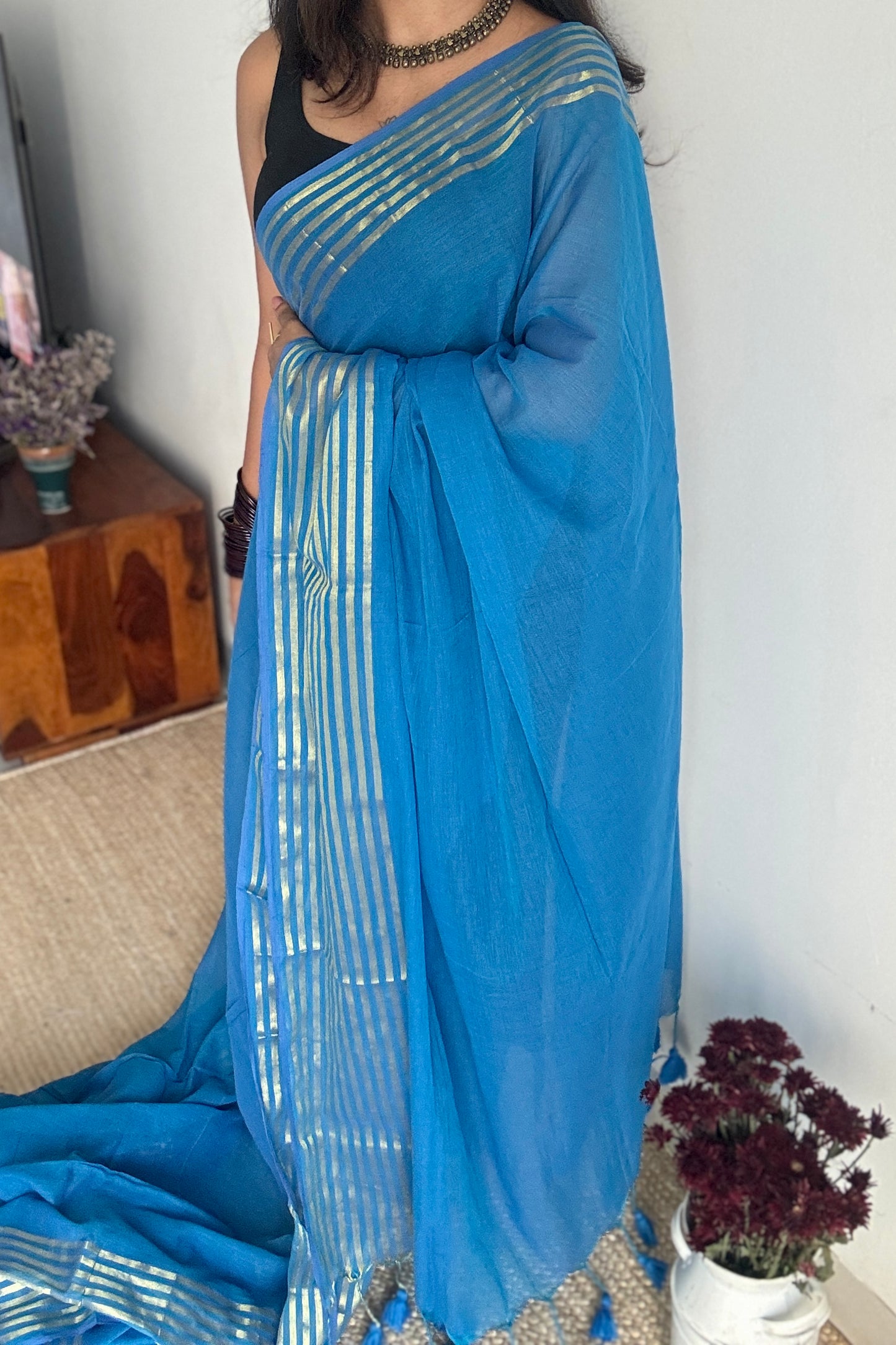 Blue Haze - Blue & gold stripes, mul cotton