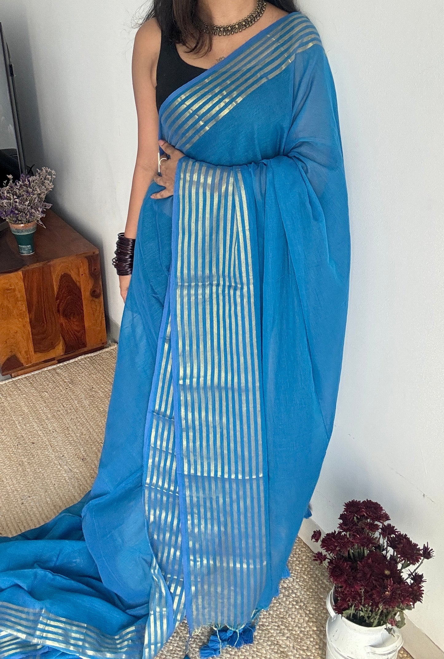 Blue Haze - Blue & gold stripes, mul cotton