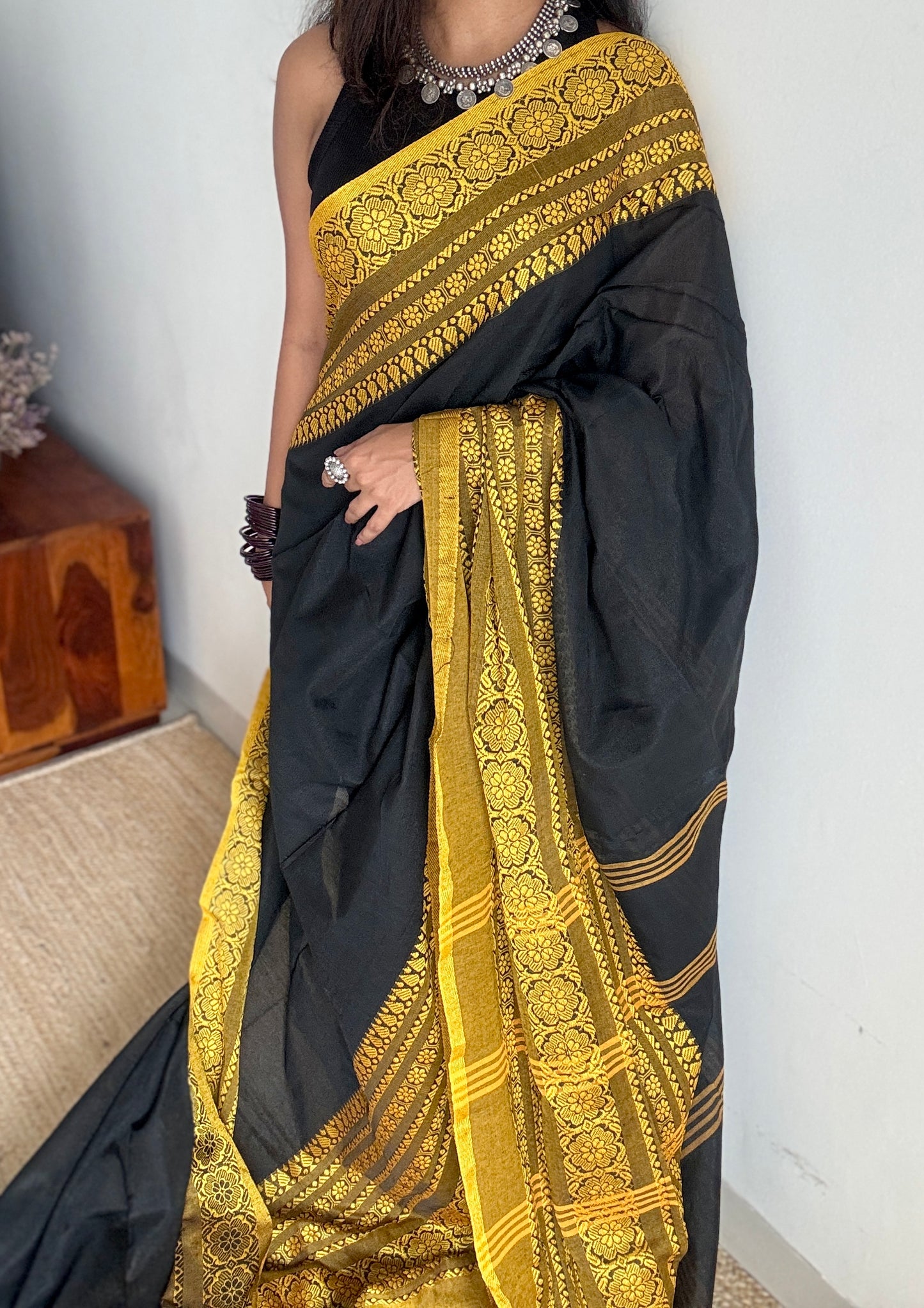 Black with yellow thread work, soft cotton - YCBCBK01