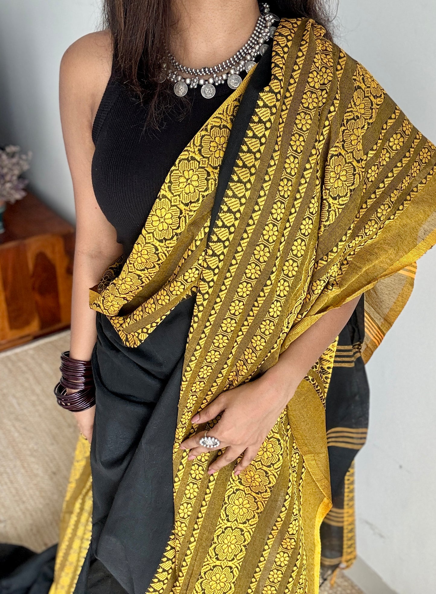 Black with yellow thread work, soft cotton - YCBCBK01
