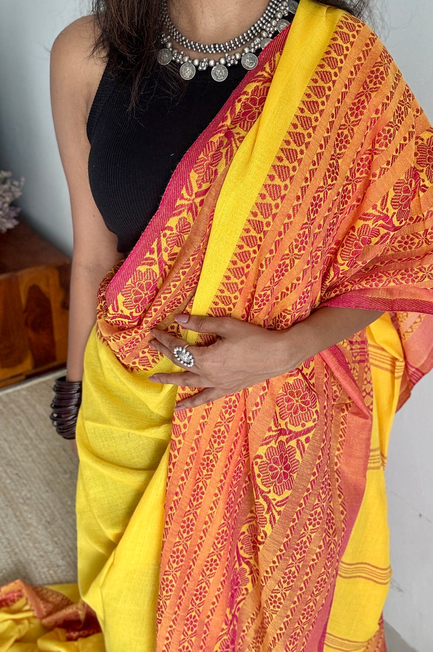 Yellow with pink thread work, soft cotton - YCBCBK05