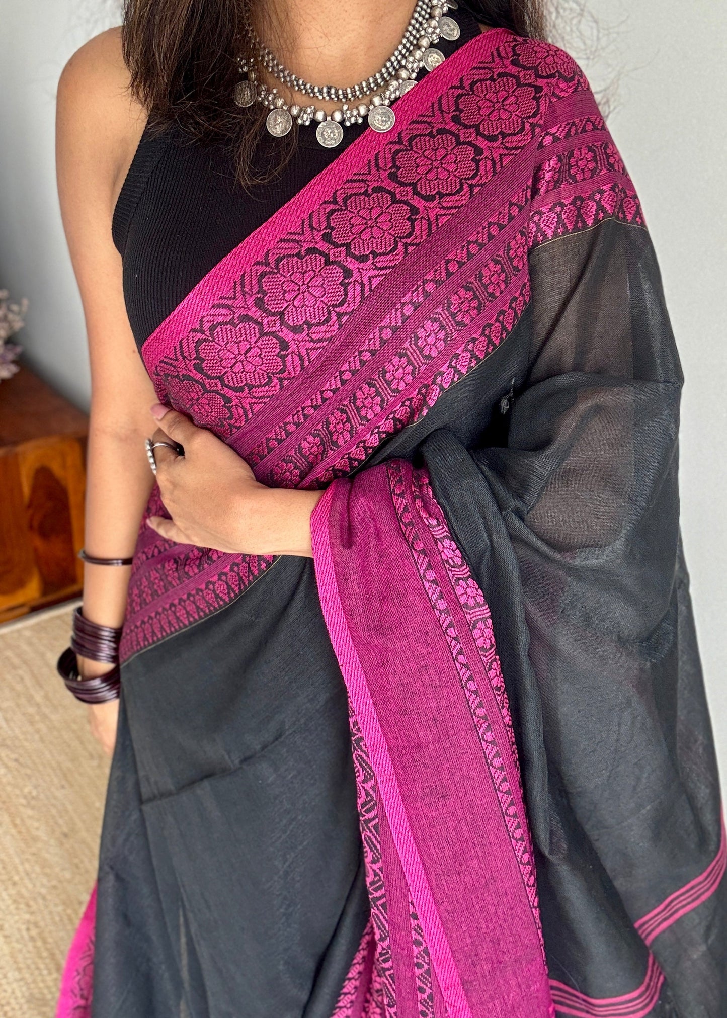 Black with pink thread work, soft cotton - YCBCBK02