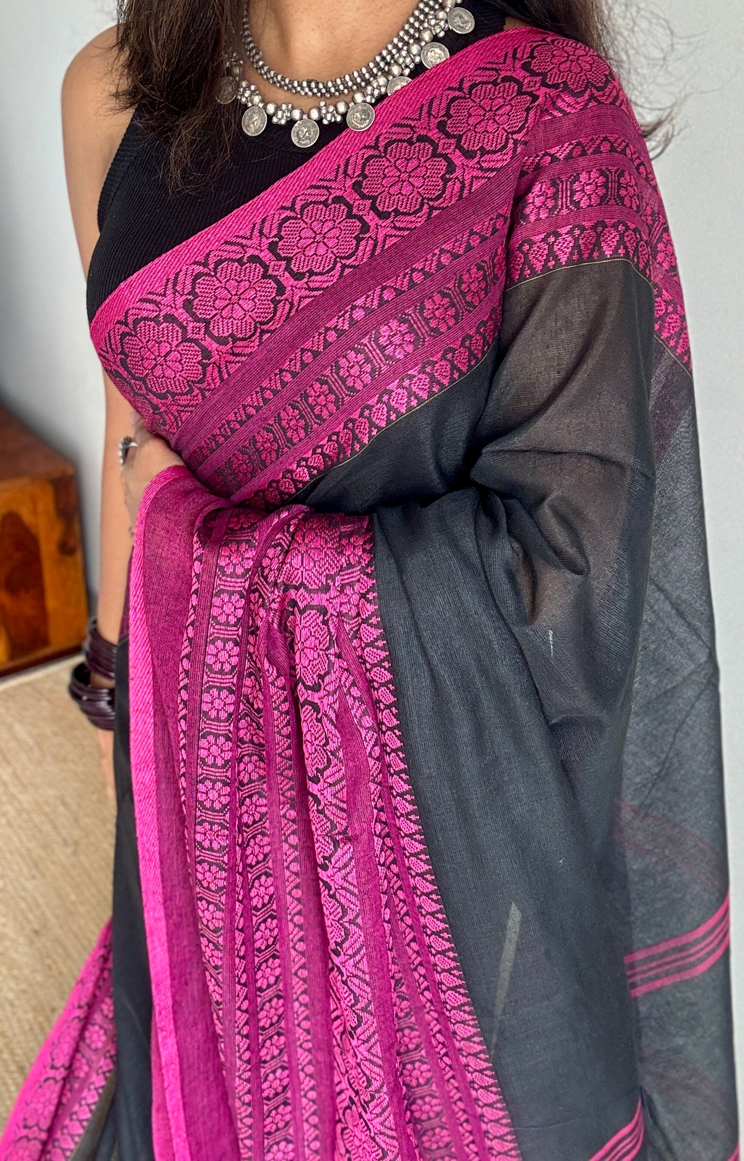 Black with pink thread work, soft cotton - YCBCBK02
