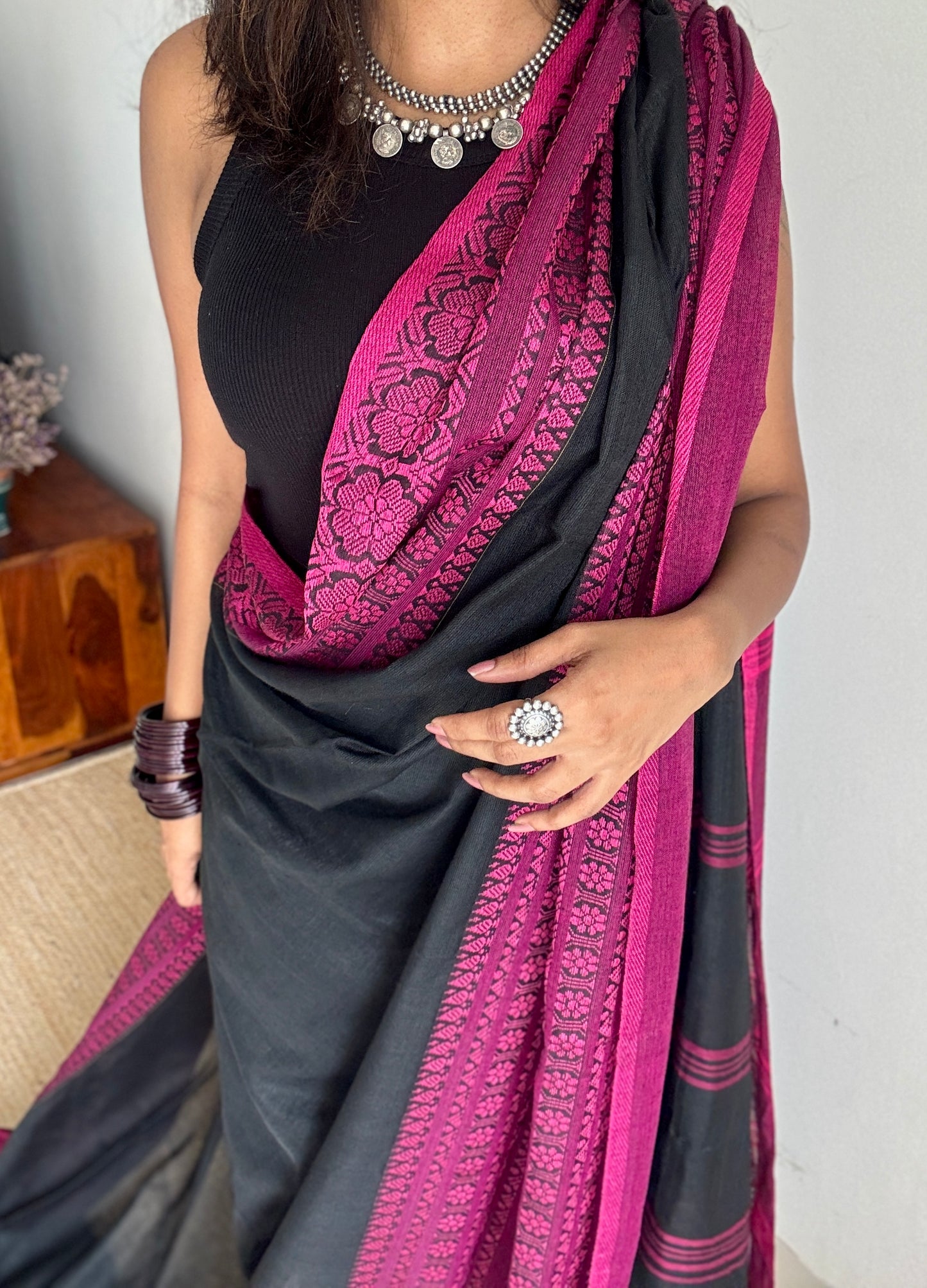 Black with pink thread work, soft cotton - YCBCBK02