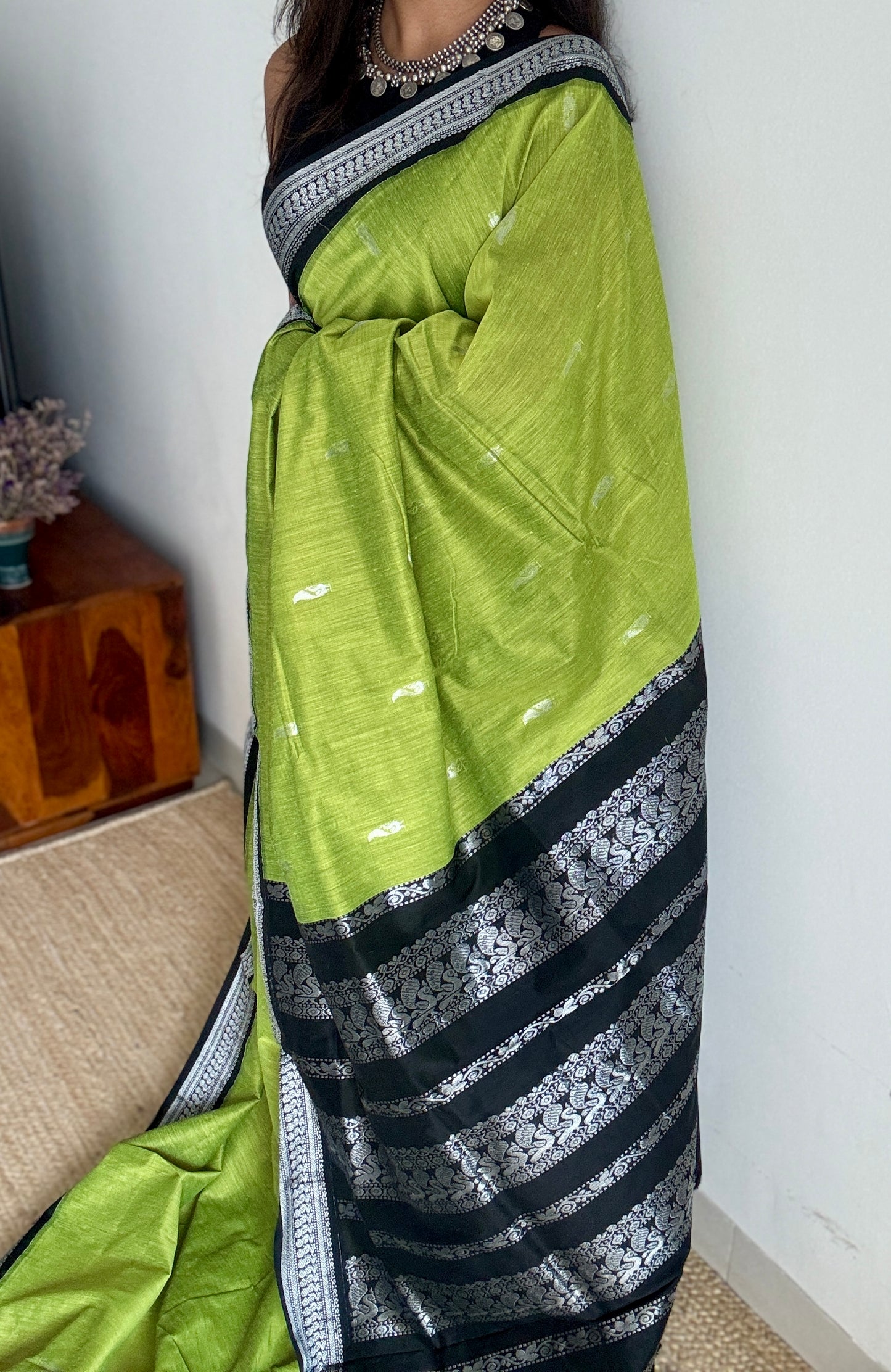 Bright Green - Black, Silver Zari - Kalyani Cotton Silk - YCCOTNKCSB04