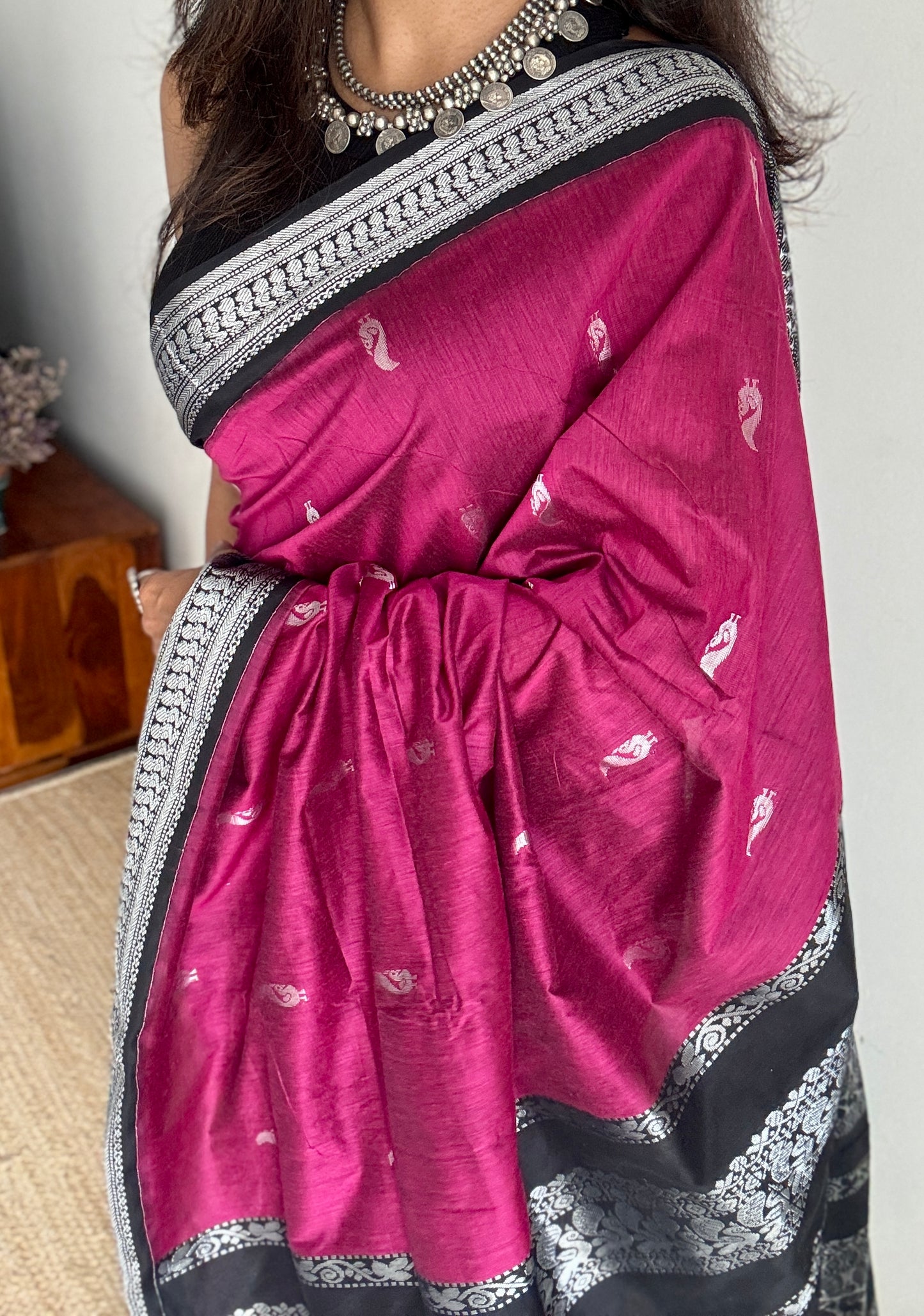 Dark Pink - Black, Silver Zari - Kalyani Cotton Silk - YCCOTNKCSB01