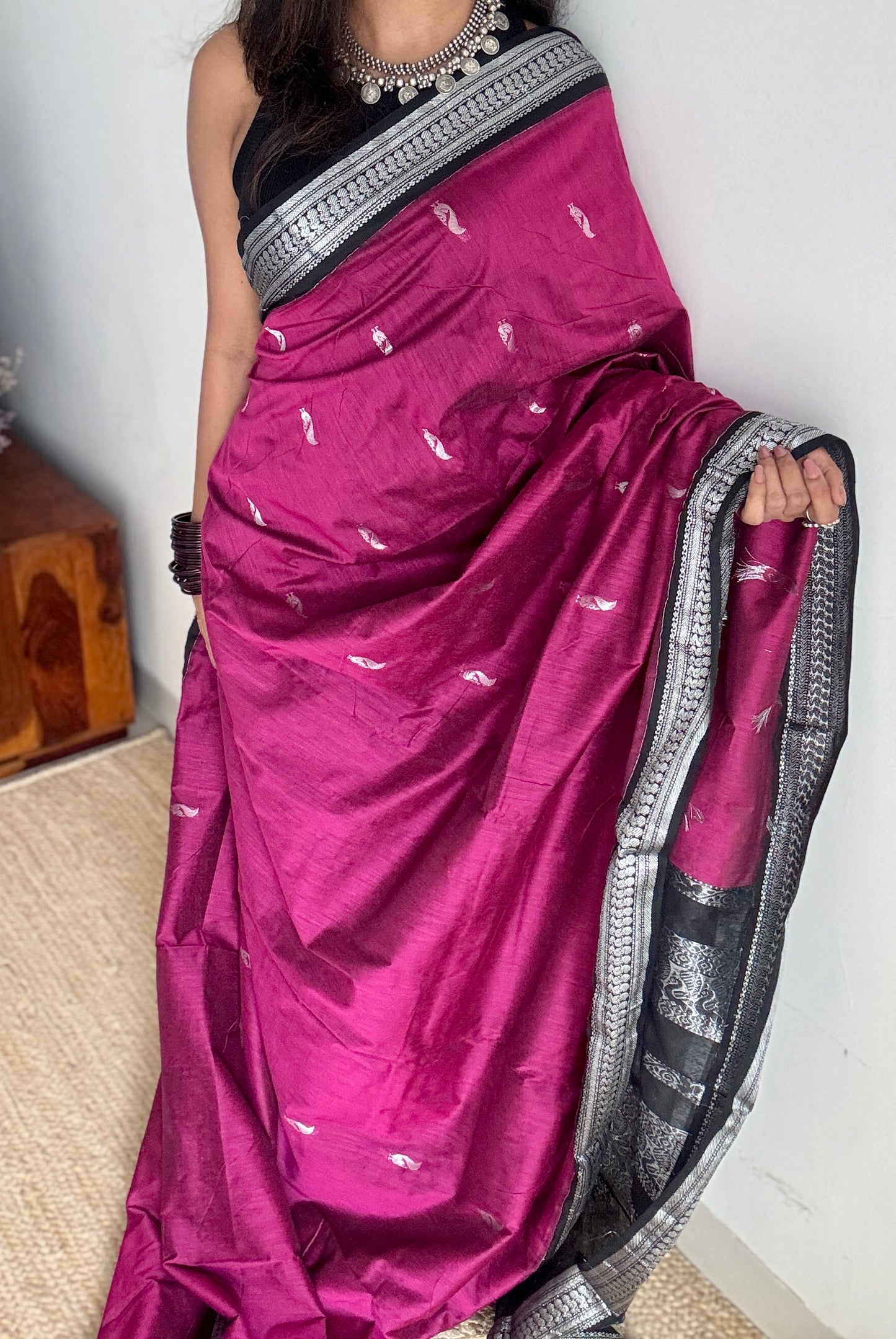 Dark Pink - Black, Silver Zari - Kalyani Cotton Silk - YCCOTNKCSB01