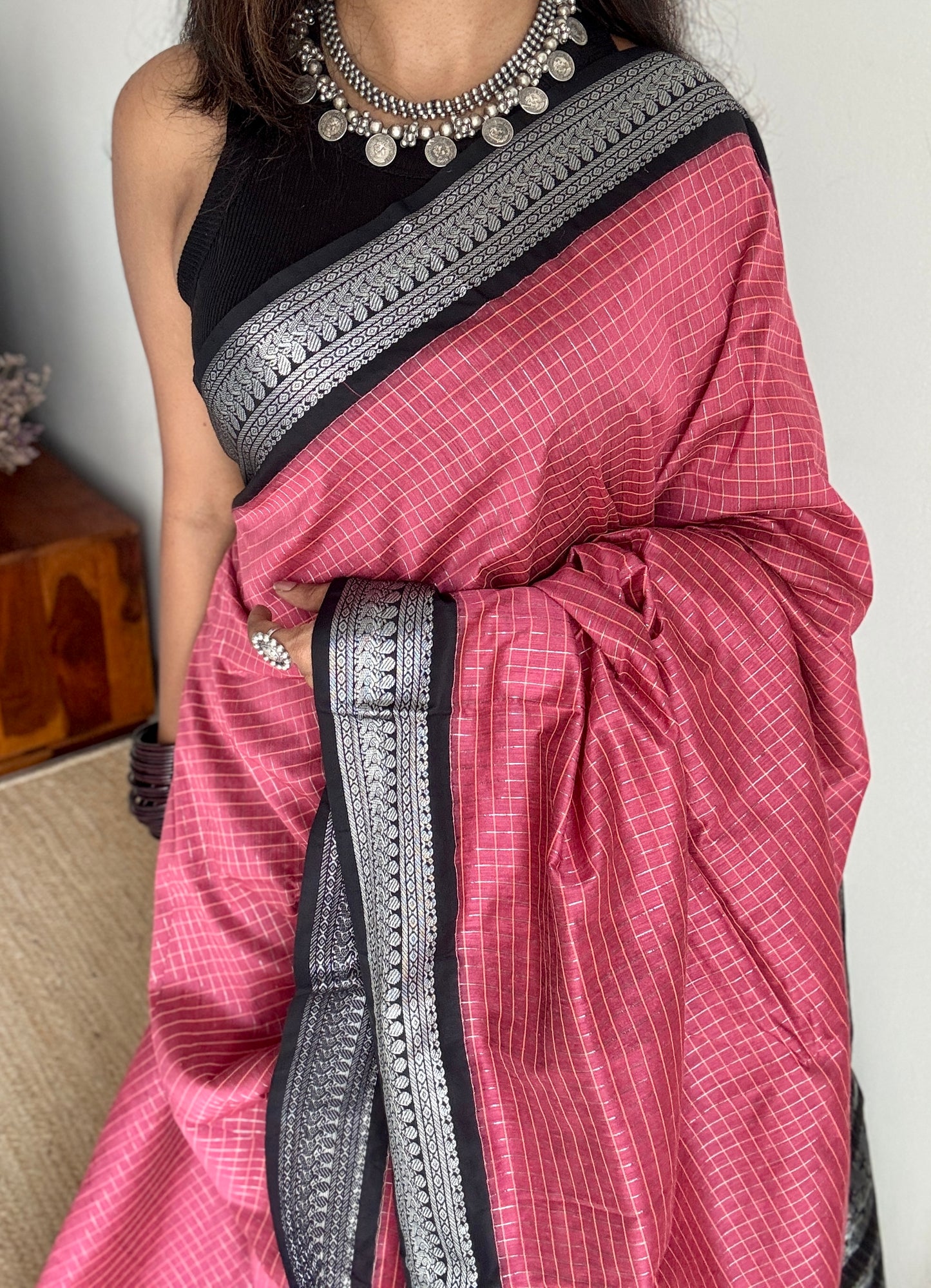 Carmine Pink - Black, Checks - Kalyani Cotton Silk - YCCOTNKCSC08