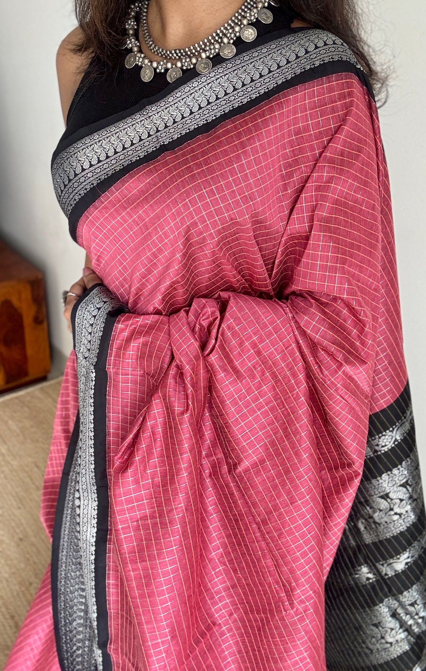 Carmine Pink - Black, Checks - Kalyani Cotton Silk - YCCOTNKCSC08