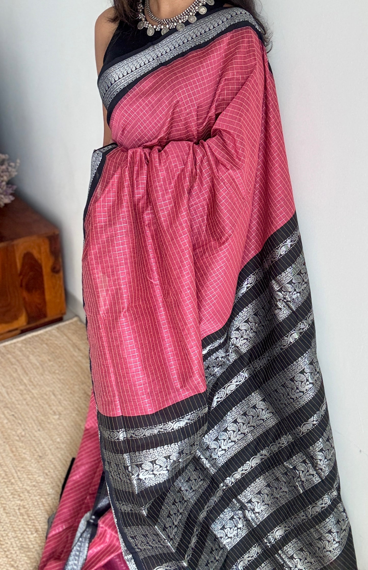 Carmine Pink - Black, Checks - Kalyani Cotton Silk - YCCOTNKCSC08