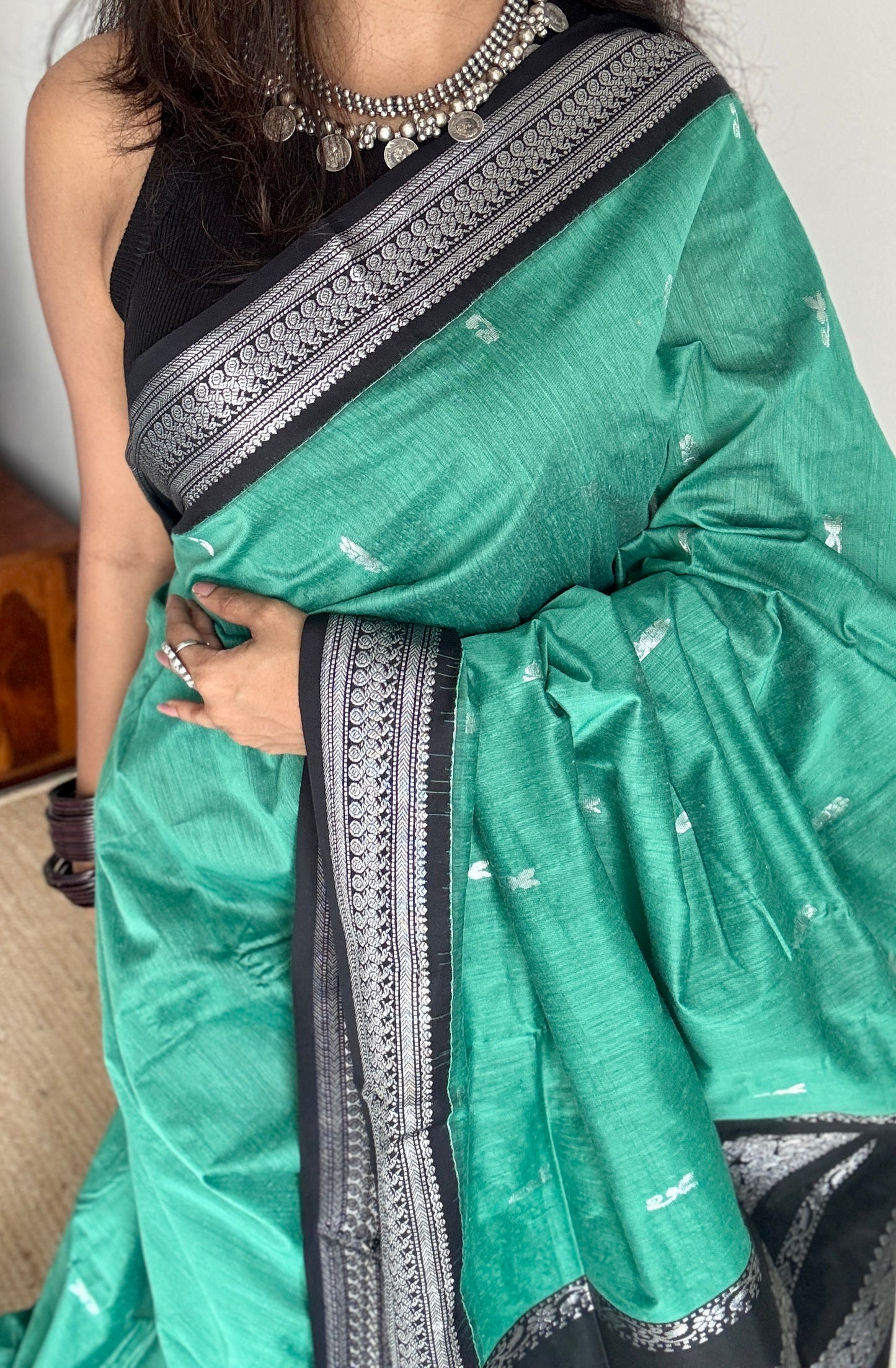 Dark Mint Green - Black, Silver Zari - Kalyani Cotton Silk - YCCOTNKCSB05