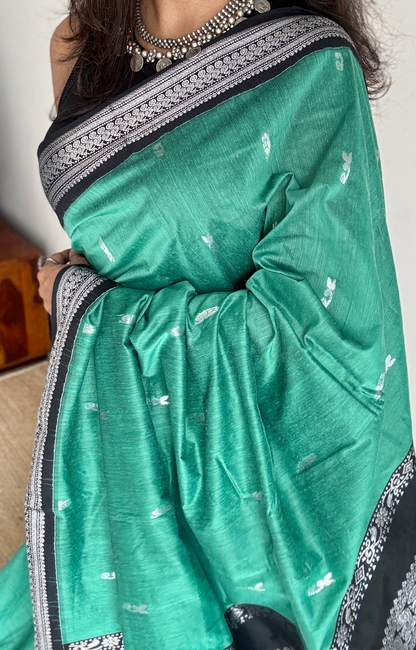 Dark Mint Green - Black, Silver Zari - Kalyani Cotton Silk - YCCOTNKCSB05