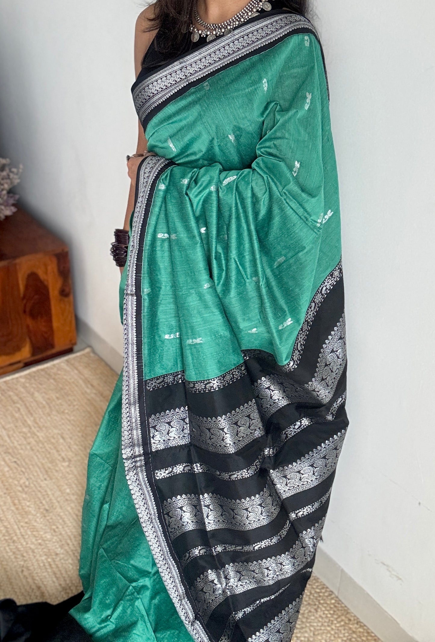 Dark Mint Green - Black, Silver Zari - Kalyani Cotton Silk - YCCOTNKCSB05