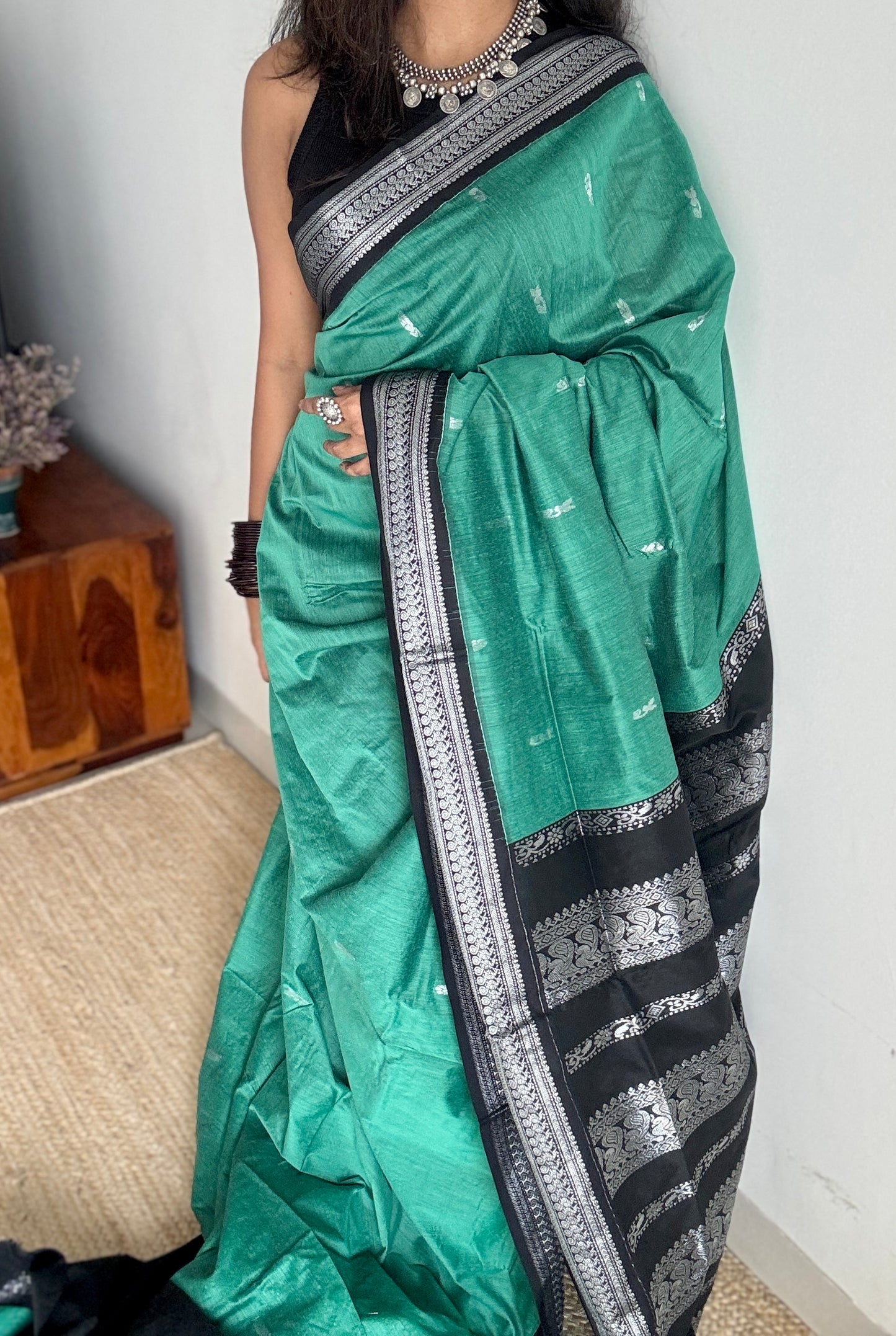 Dark Mint Green - Black, Silver Zari - Kalyani Cotton Silk - YCCOTNKCSB05