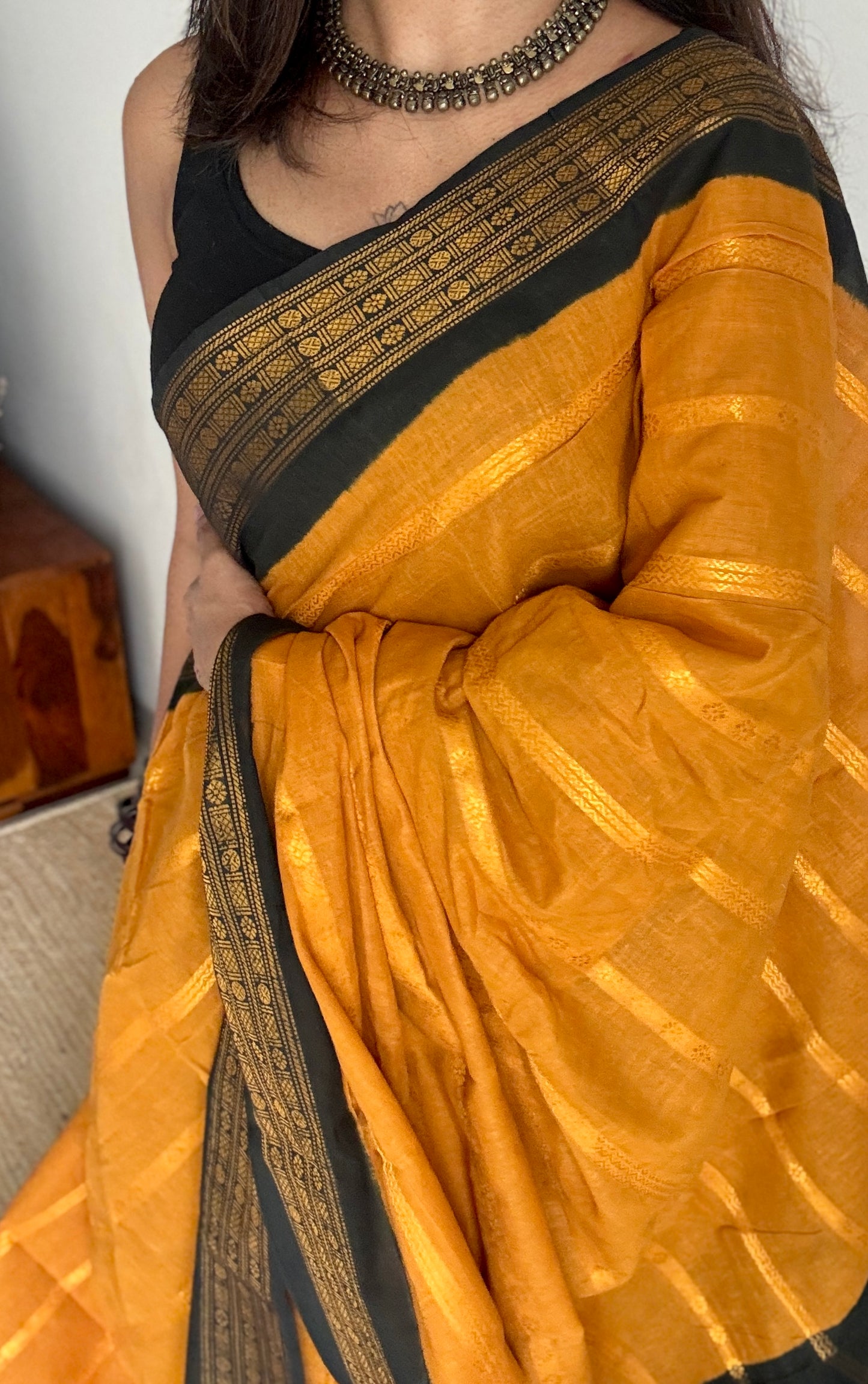 Turmeric Yellow - Black, Striped Motif Body, Rudraksham Border - Madurai Sungudi cotton - YCCOTNSSP01