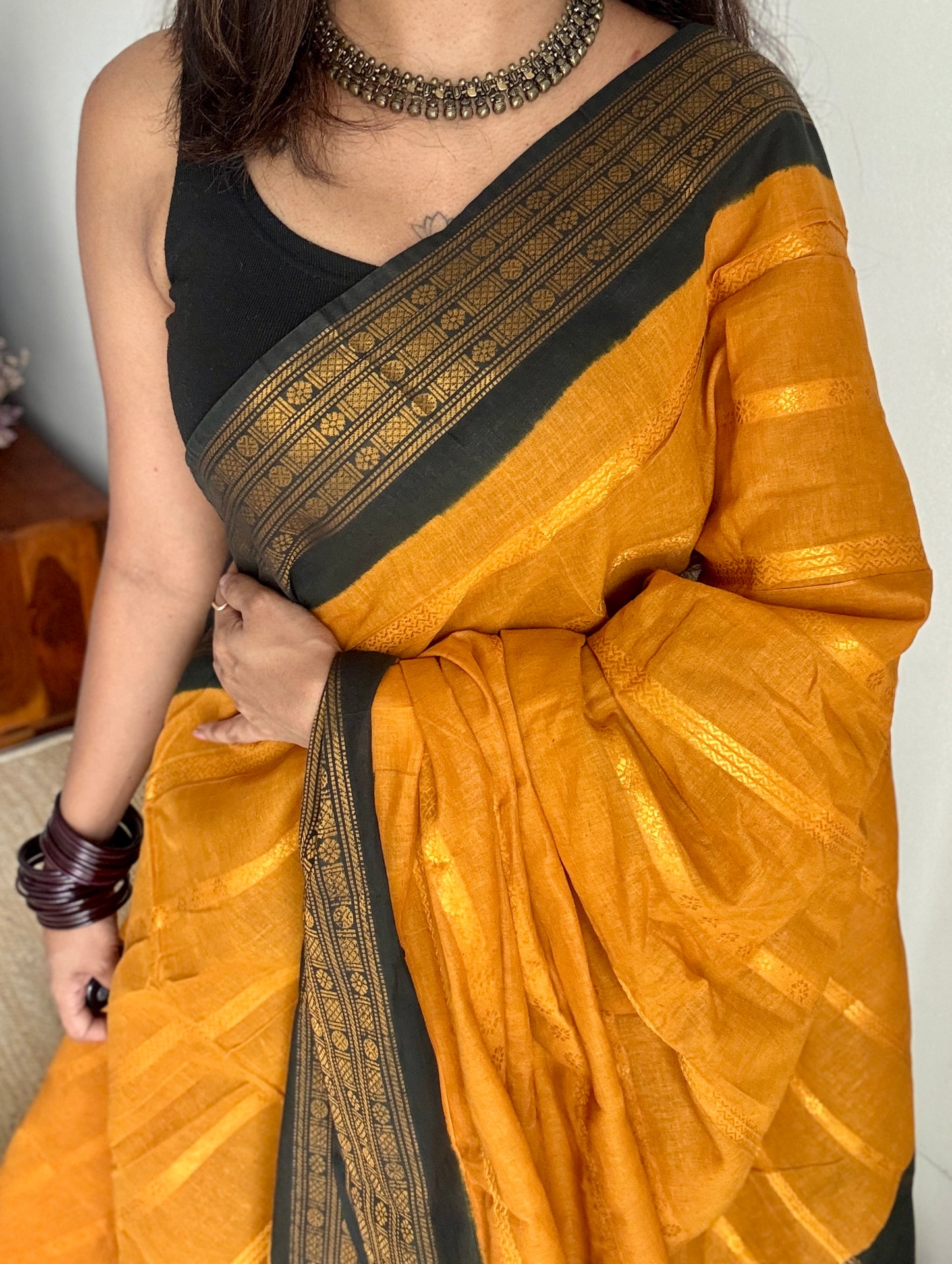 Turmeric Yellow - Black, Striped Motif Body, Rudraksham Border - Madurai Sungudi cotton - YCCOTNSSP01