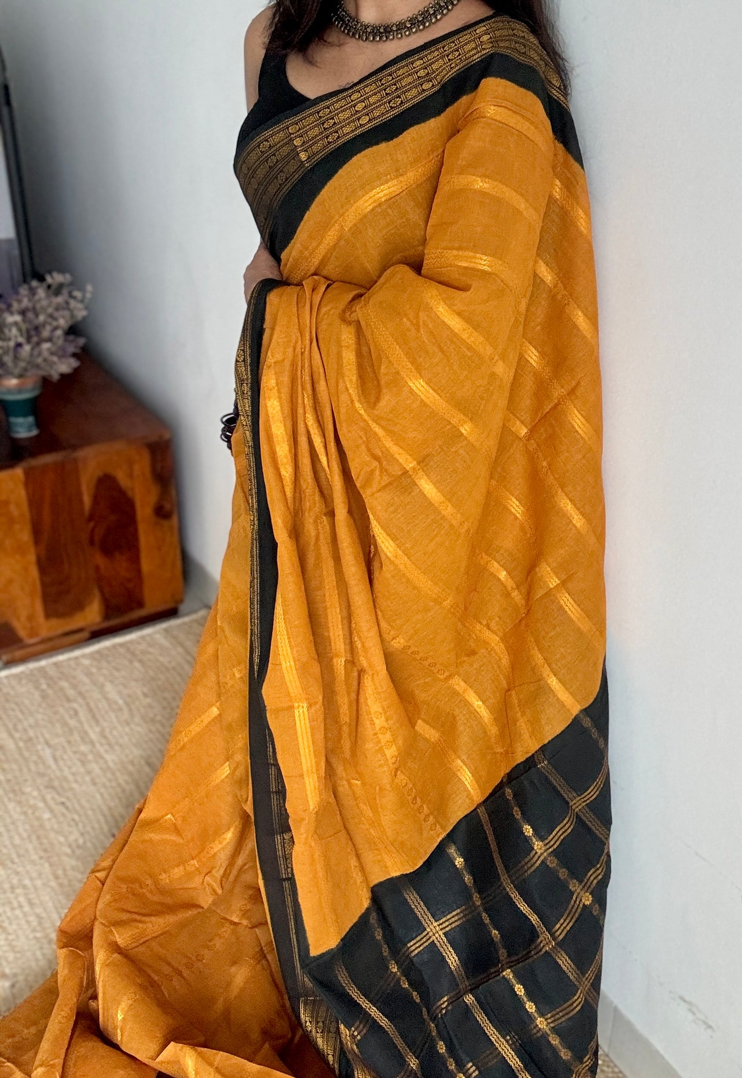 Turmeric Yellow - Black, Striped Motif Body, Rudraksham Border - Madurai Sungudi cotton - YCCOTNSSP01