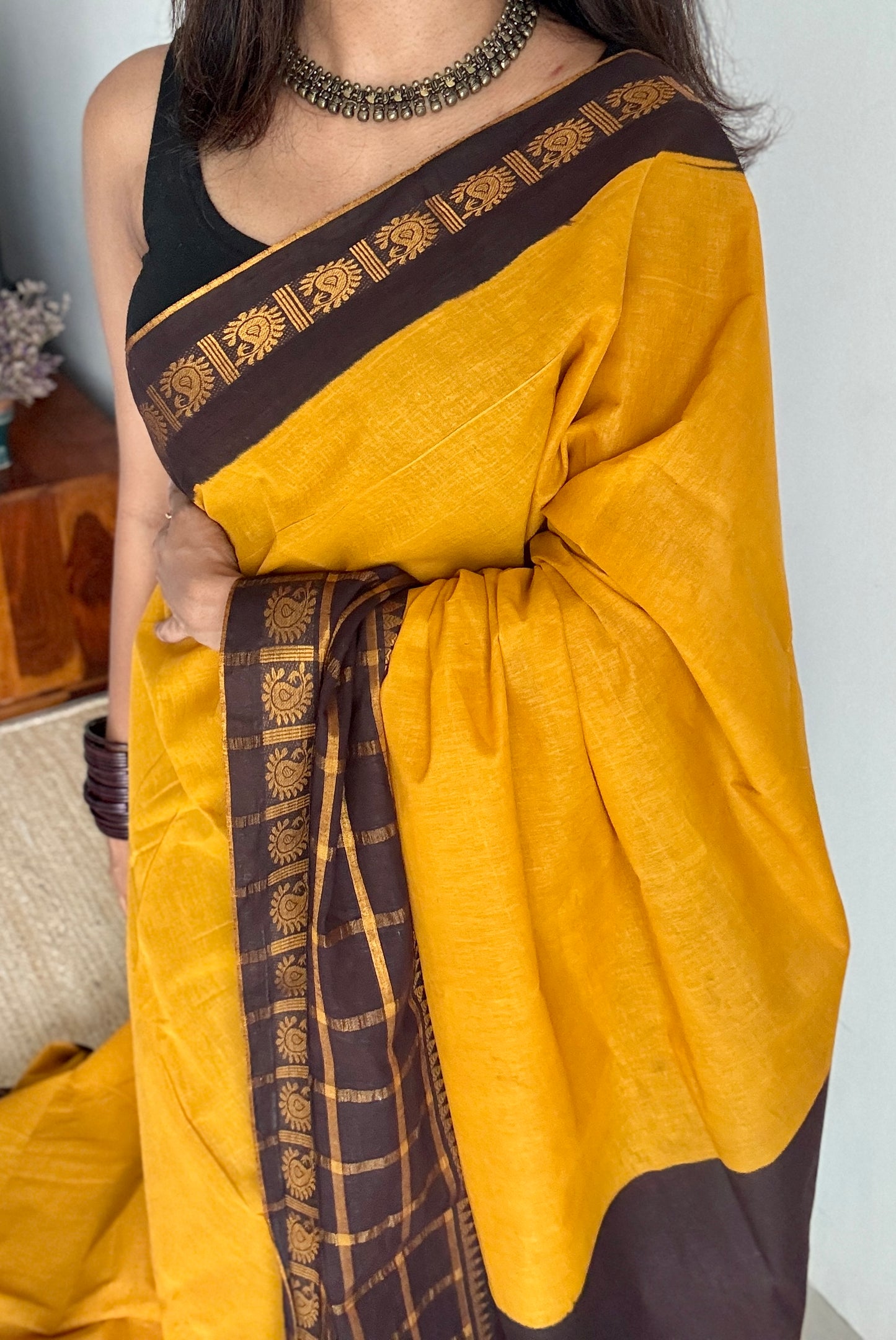 Yellow - Dark Brown, Kattam (Checkered) Border - Madurai Sungudi cotton - YCCOTNSKCB01