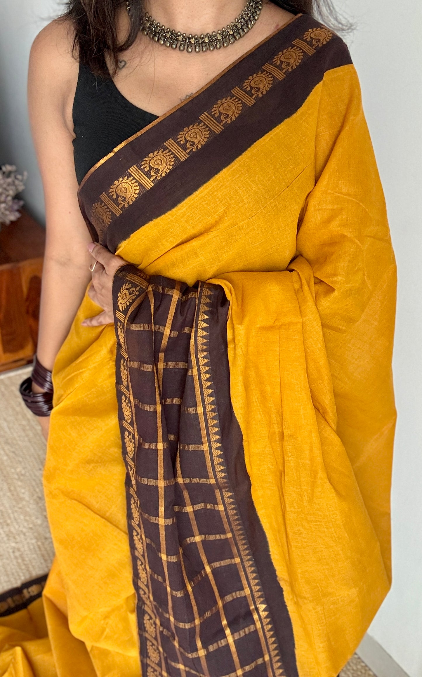 Yellow - Dark Brown, Kattam (Checkered) Border - Madurai Sungudi cotton - YCCOTNSKCB01