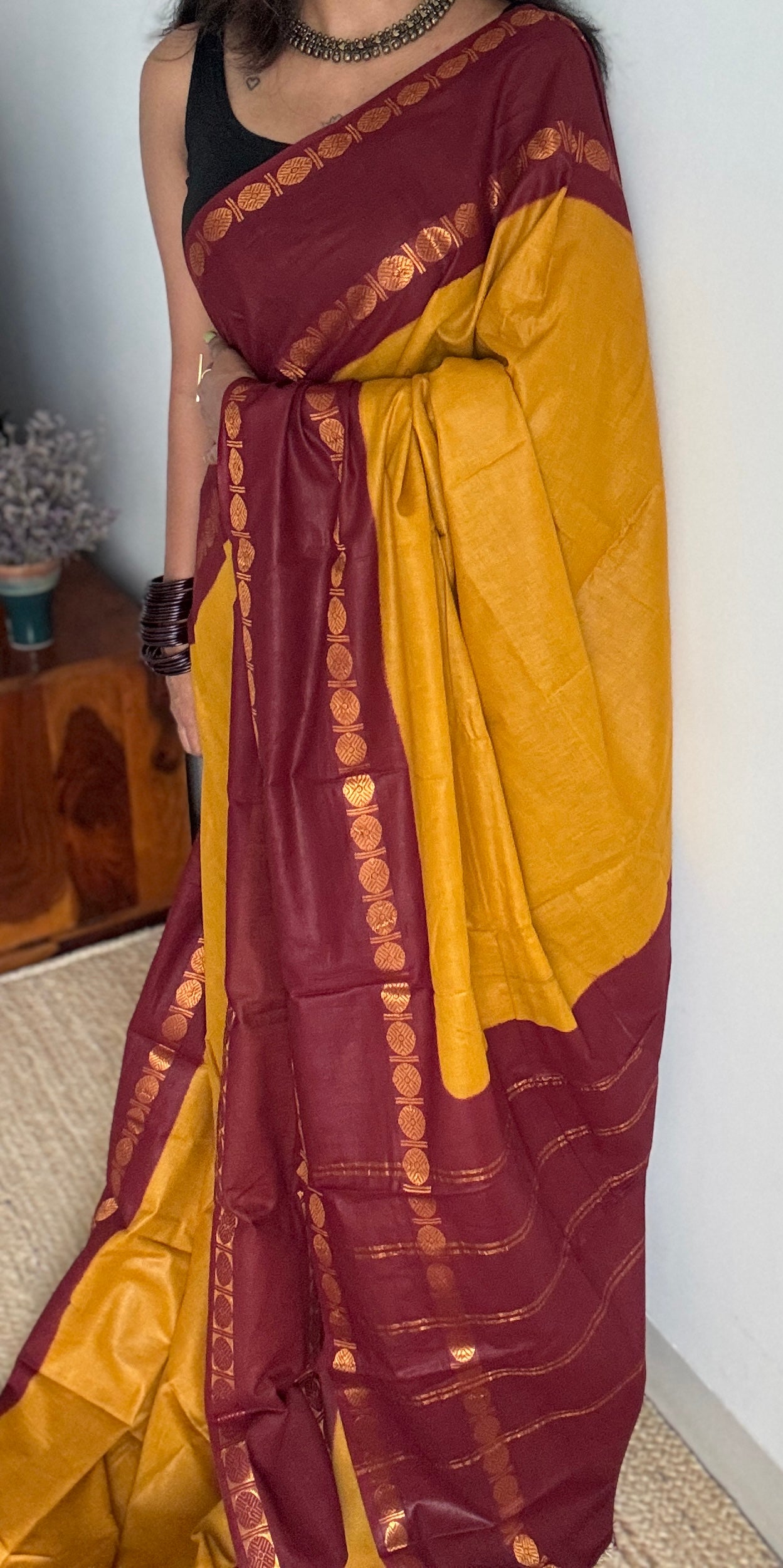 Dark yellow with maroon rudraksham motif border