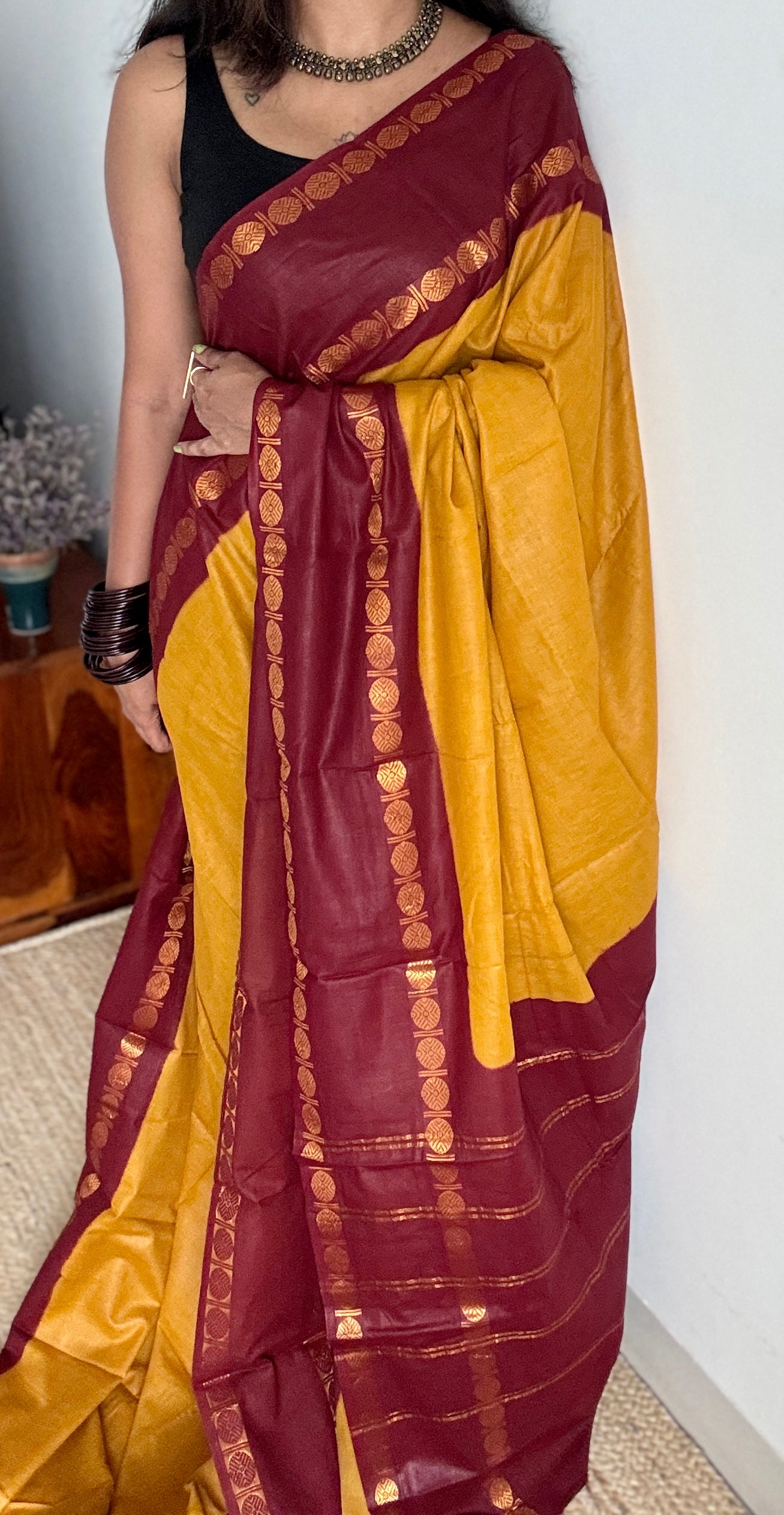 Dark yellow with maroon rudraksham motif border