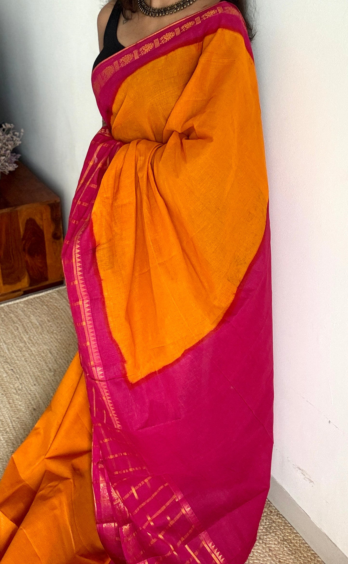 Yellow - Hot Pink, Kattam (Checkered) Border - Madurai Sungudi cotton - YCCOTNSKCB02