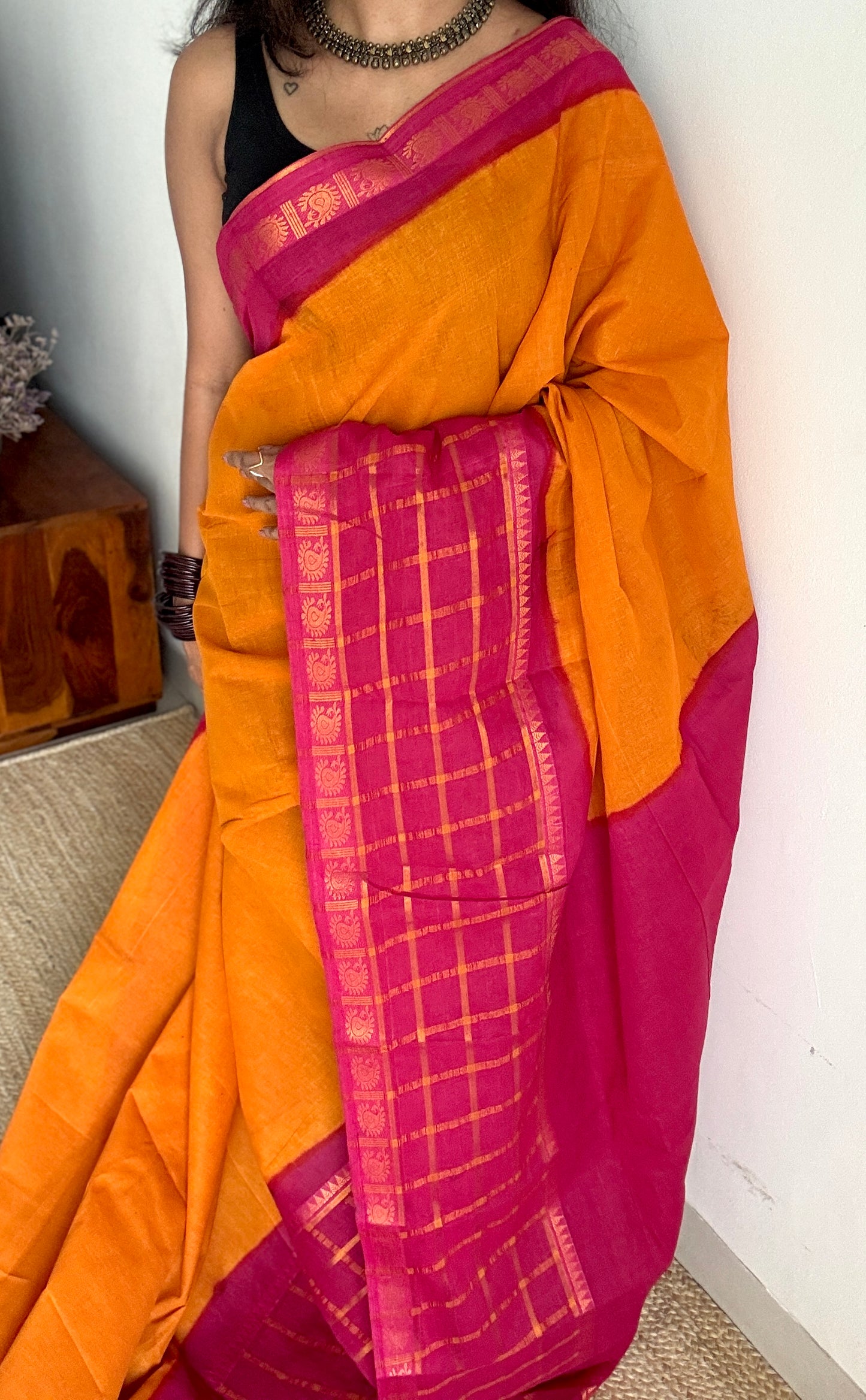 Yellow - Hot Pink, Kattam (Checkered) Border - Madurai Sungudi cotton - YCCOTNSKCB02