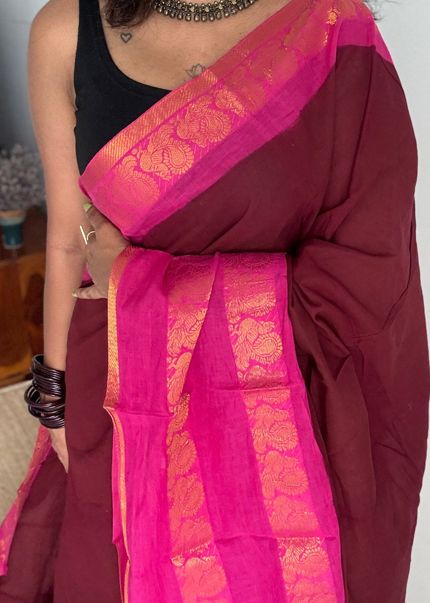 Maroon and pink sungudi with double peacock motif rettai pettu wide border - YCMCRWB03